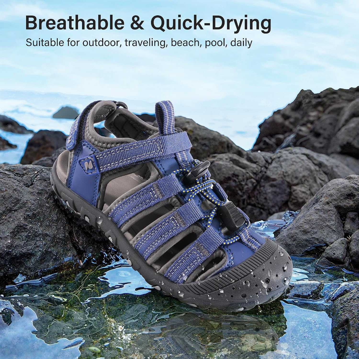 Stelle Girls Closed-Toe Water Hiking Beach Outdoor Sport Sandals | Adjustable Hook-and-Loop Straps Boys & Girls Athletic Shoes Summer Everyday Wear Quick-Drying Materials Toddler to Big Kids(Navy)