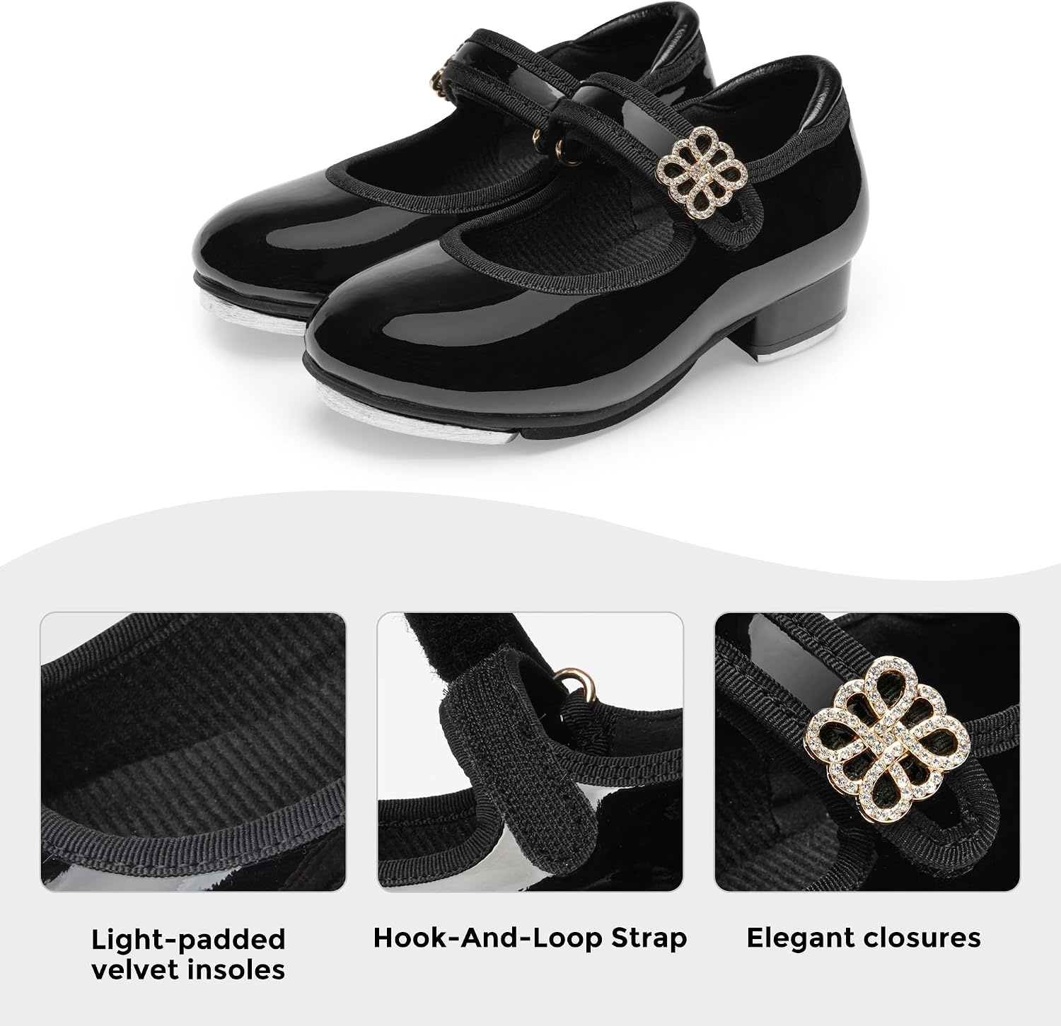 Stelle Girls Tap Shoes Rhinestone Buckle(Toddler/Little Kid/Big Kid) | Rhinestone flower detail,Mary Jane style,Steel toe heel taps,Cushioned insole,Beginner tap dance(Black)