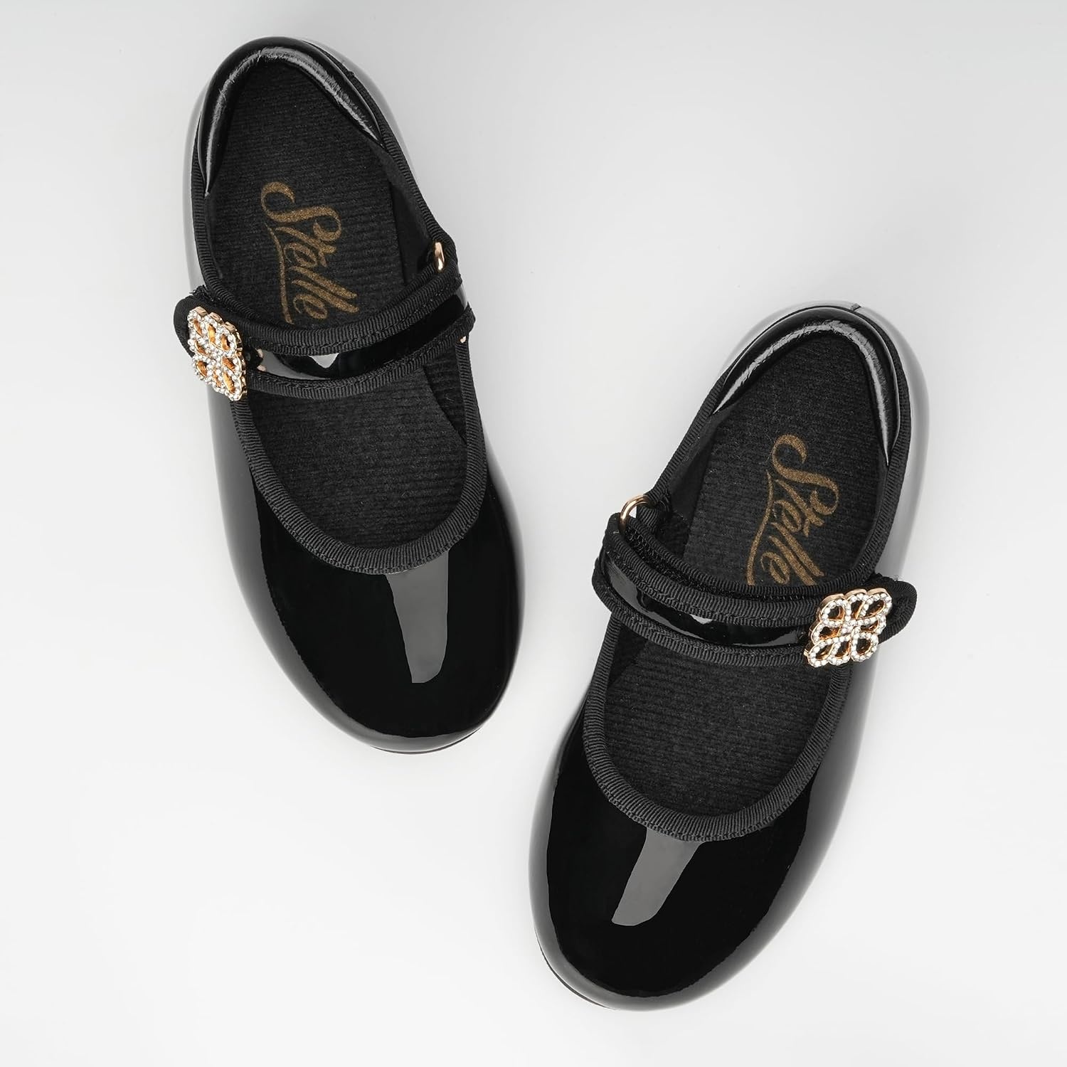 Stelle Girls Tap Shoes Rhinestone Buckle(Toddler/Little Kid/Big Kid) | Rhinestone flower detail,Mary Jane style,Steel toe heel taps,Cushioned insole,Beginner tap dance(Black)