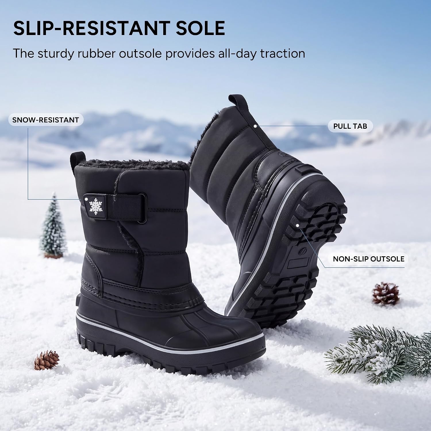 Stelle Kids Snow Boots with hook&loop Girls Boys Winter Warm Boots(Black)