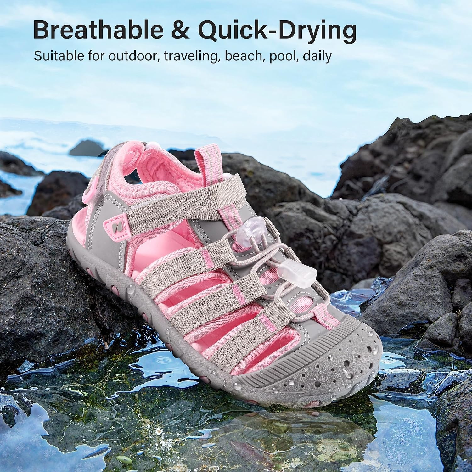 Stelle Girls Closed-Toe Water Hiking Beach Outdoor Sport Sandals | Adjustable Hook-and-Loop Straps Boys & Girls Athletic Shoes Summer Everyday Wear Quick-Drying Materials Toddler to Big Kids(Grey)
