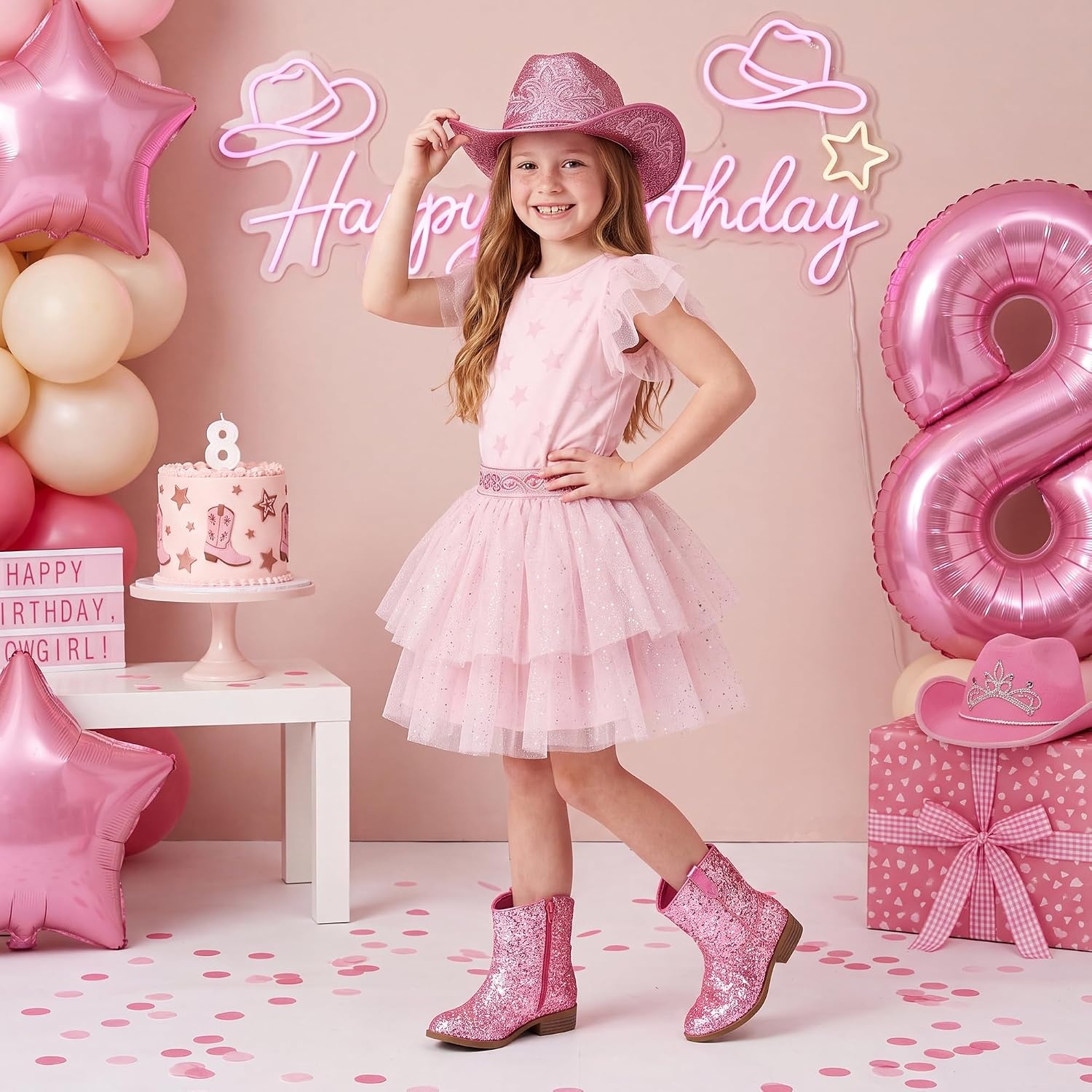 Stelle Girls Glitter Cowgirl Boots Toddler Kids Cowboy Boots(Pink Glitter)
