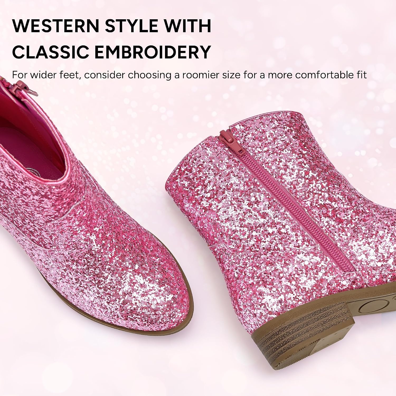 Stelle Girls Glitter Cowgirl Boots Toddler Kids Cowboy Boots(Pink Glitter)