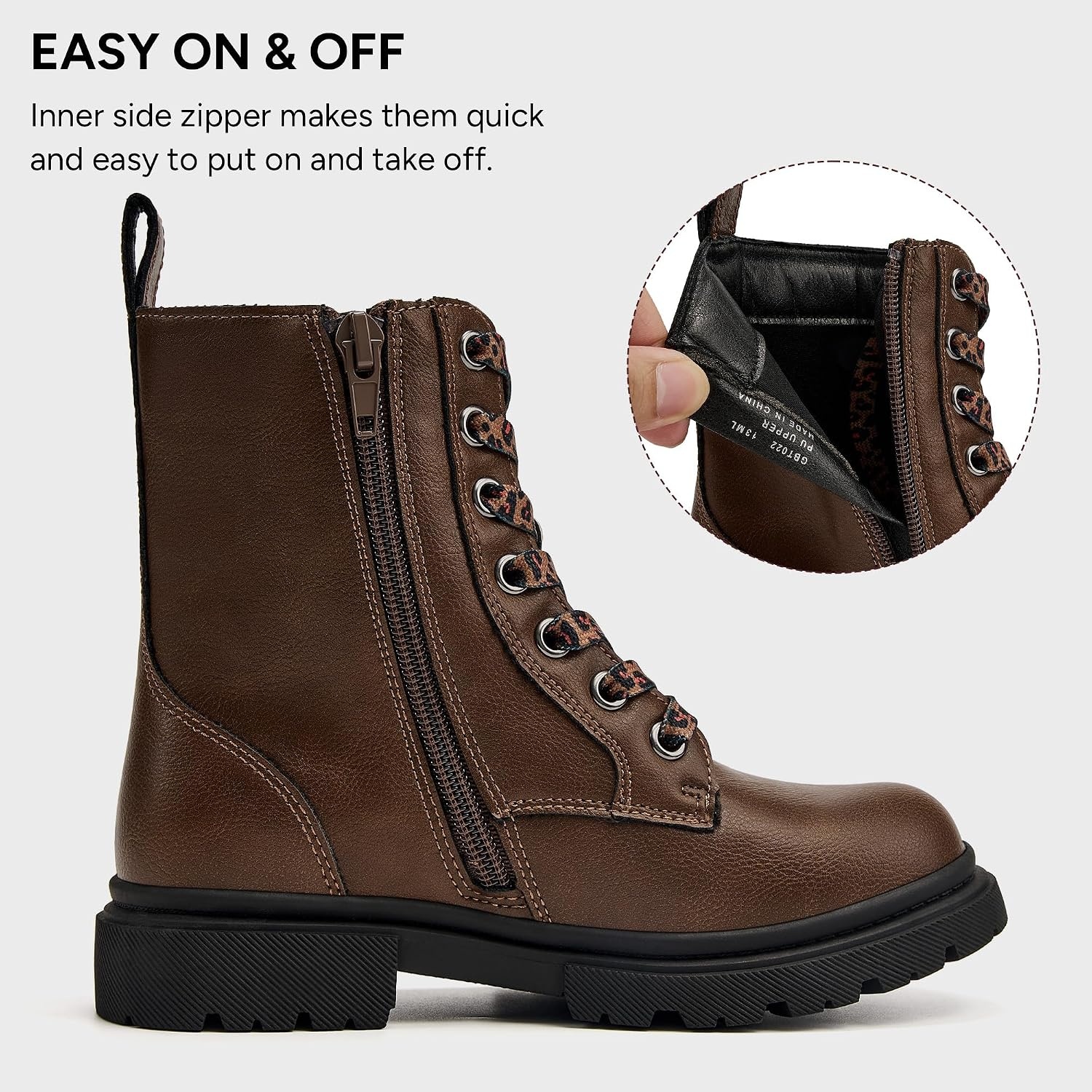 Stelle Girls Combat Ankle Boots with Printed Lace-Up and Side Zipper(Brown)