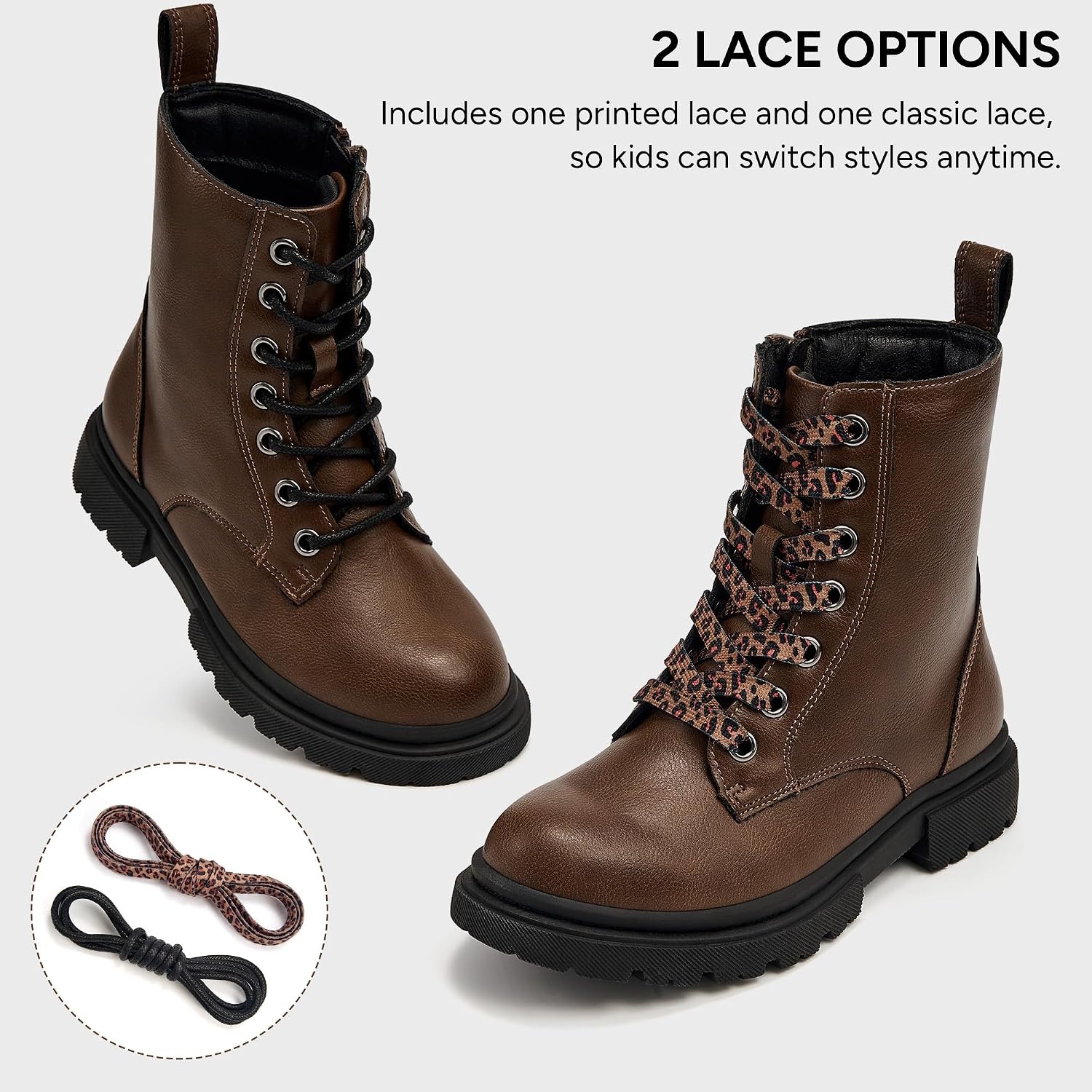 Stelle Girls Combat Ankle Boots with Printed Lace-Up and Side Zipper(Brown)