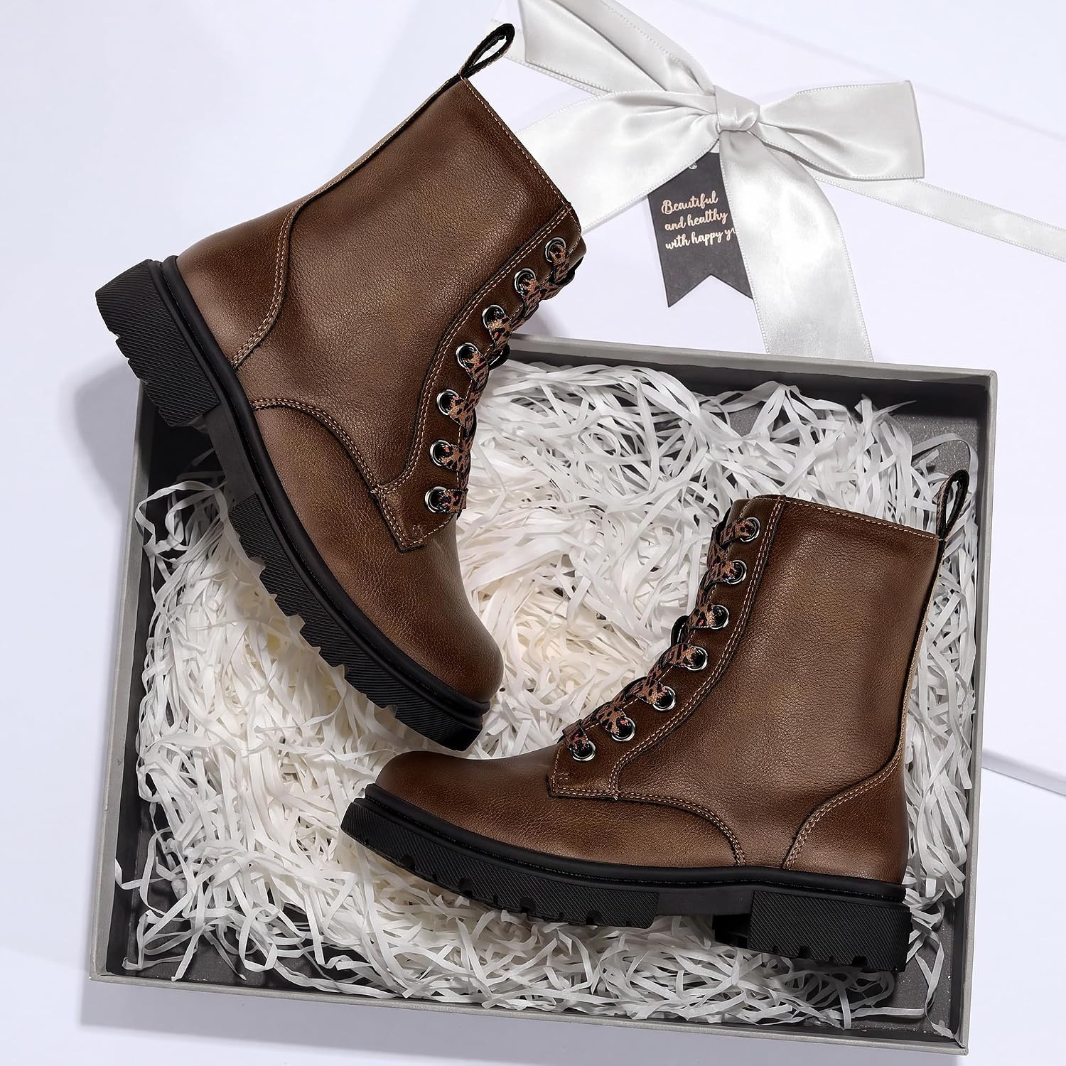 Stelle Girls Combat Ankle Boots with Printed Lace-Up and Side Zipper(Brown)