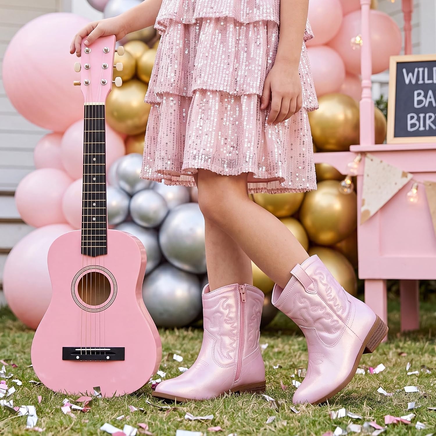 Stelle Girls Glitter Cowgirl Boots Toddler Kids Cowboy Boots(Pearl Pink)
