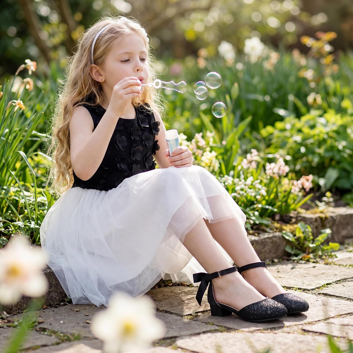 Stelle Girls Dress Shoes Closed Toe Heels Ankle Strap Pumps Sandals Flower Wedding Party Princess Shoes for Toddler Little Big Kid(Black Glitter)