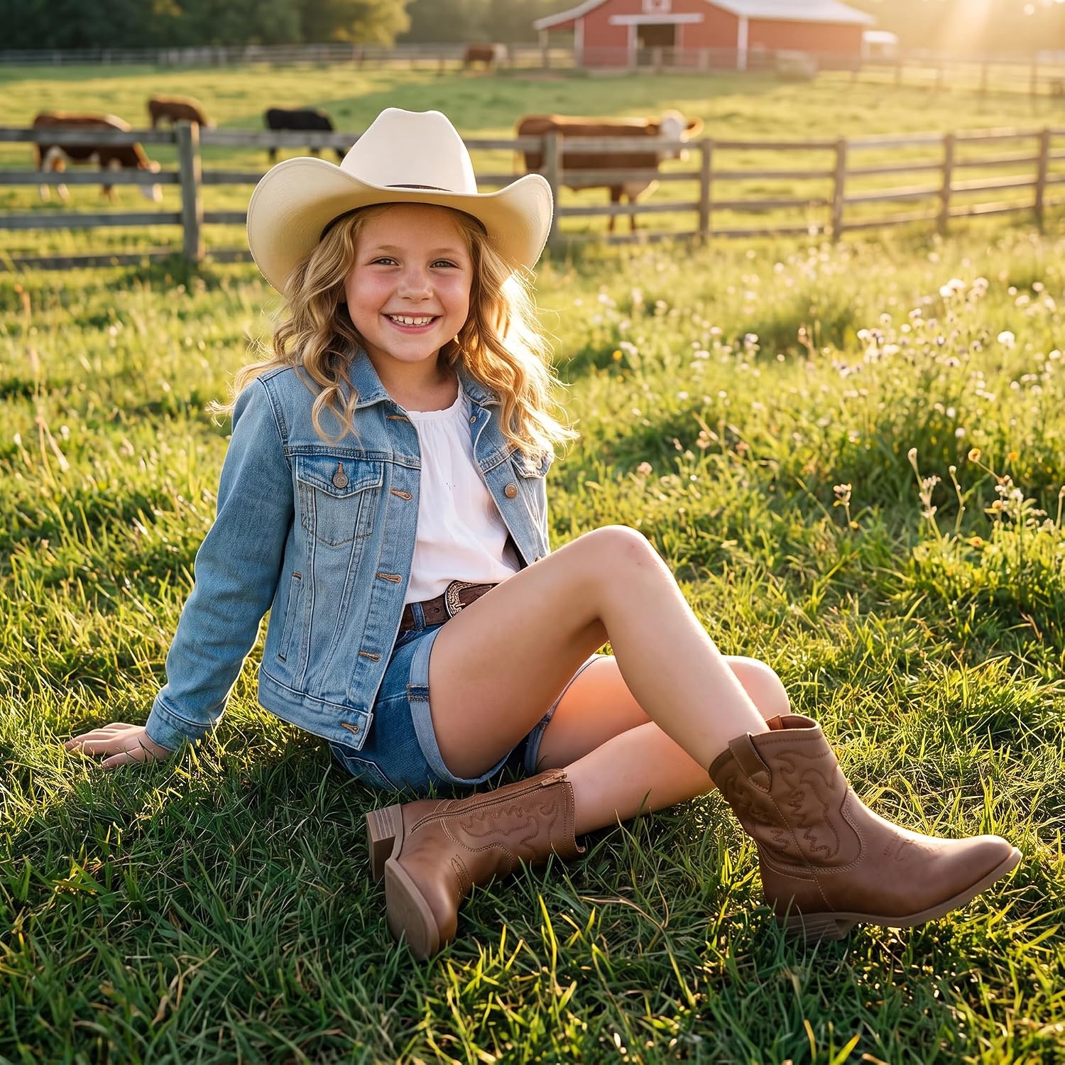 Stelle Girls Glitter Cowgirl Boots Kids Boys Cowboy Boots(Hazelnut)