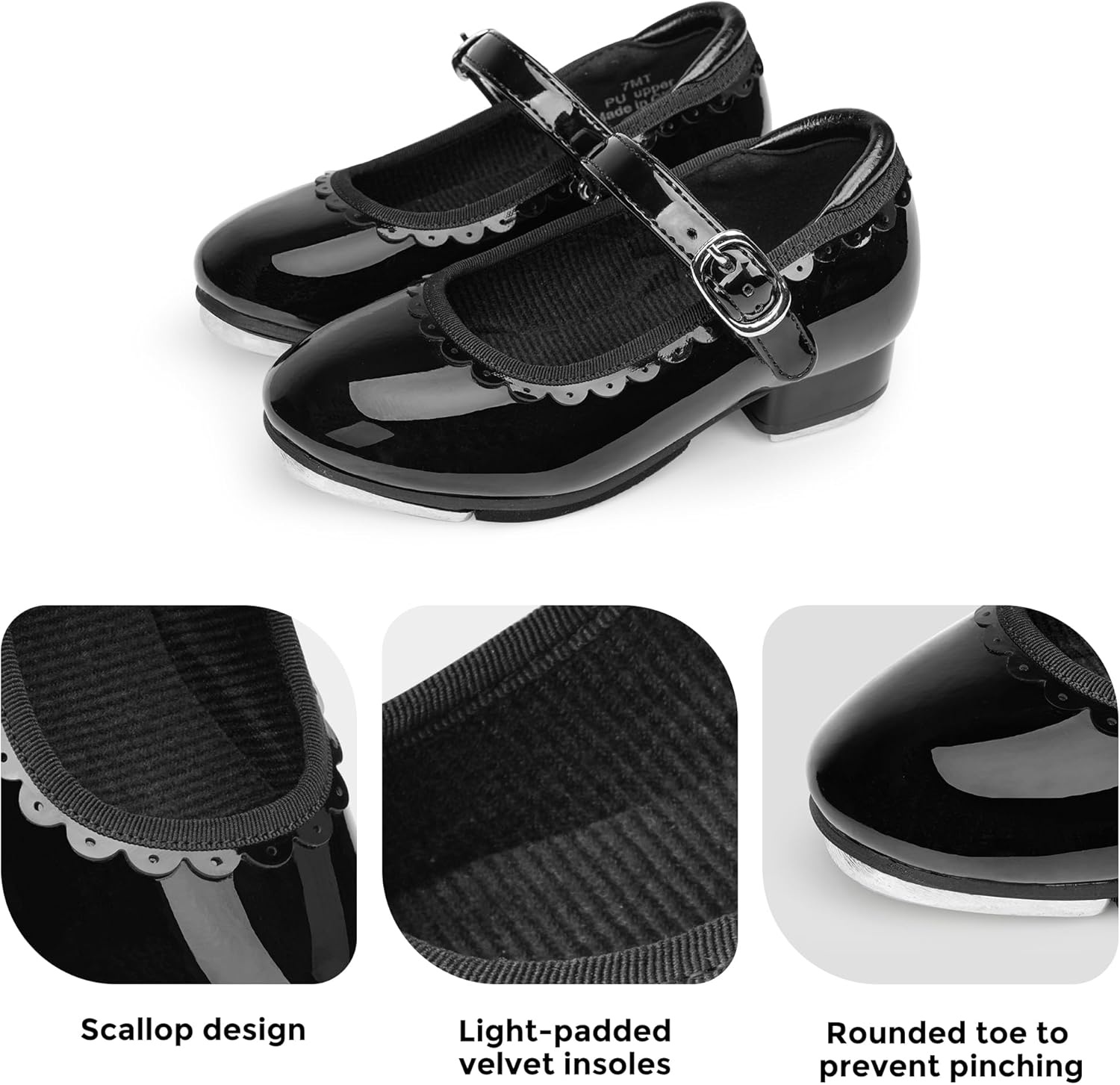 Stelle Tap Shoes for Girls Toddler Dance Shoes Easy Strap Scallop Design (Toddler/Little Kid/Big Kid)(Black)