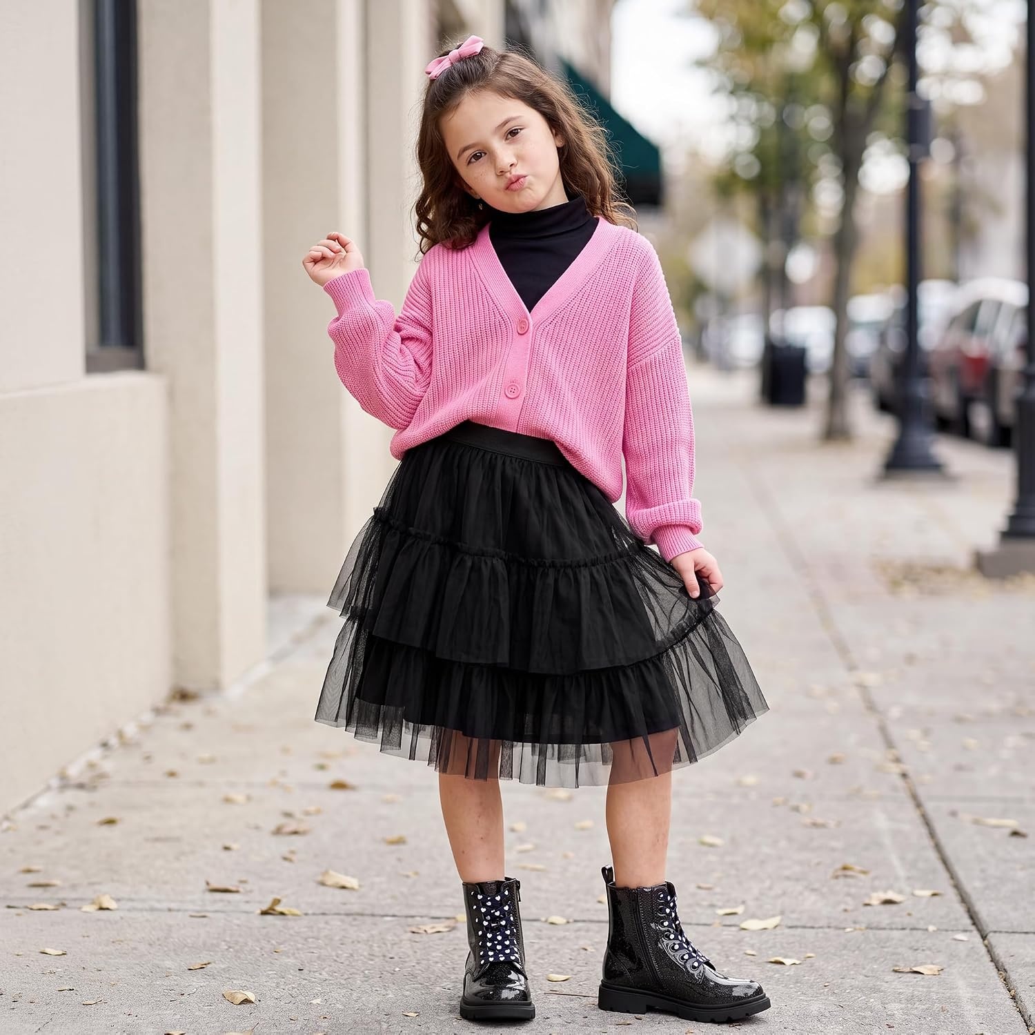Stelle Girls Combat Ankle Boots with Printed Lace-Up and Side Zipper(Patent Black Glitter)