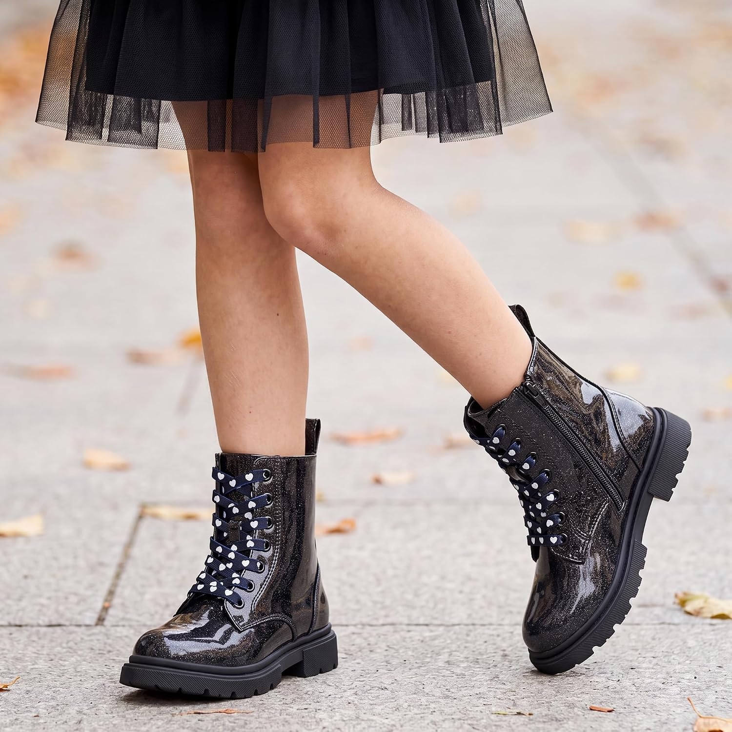 Stelle Girls Combat Ankle Boots with Printed Lace-Up and Side Zipper(Patent Black Glitter)