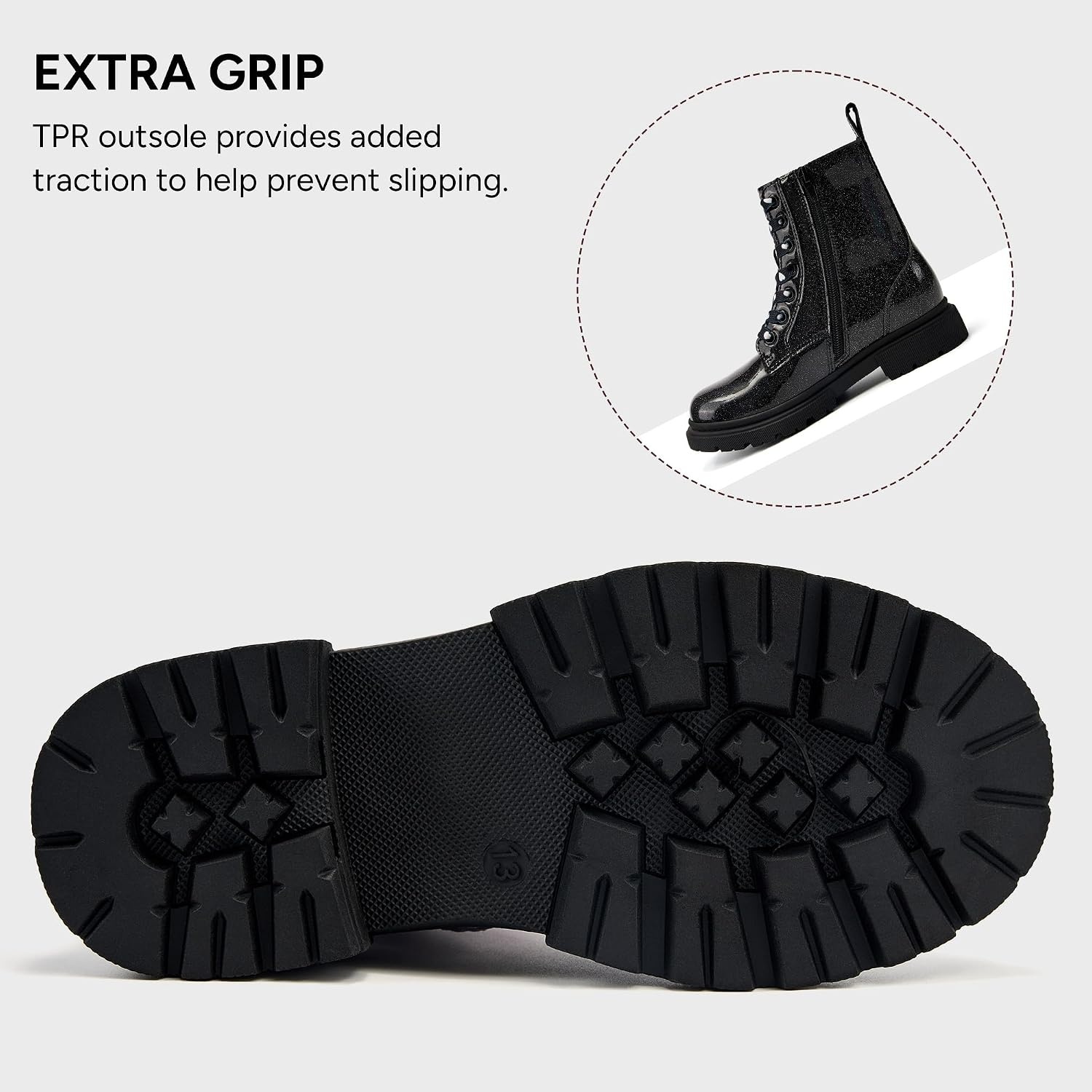 Stelle Girls Combat Ankle Boots with Printed Lace-Up and Side Zipper(Patent Black Glitter)