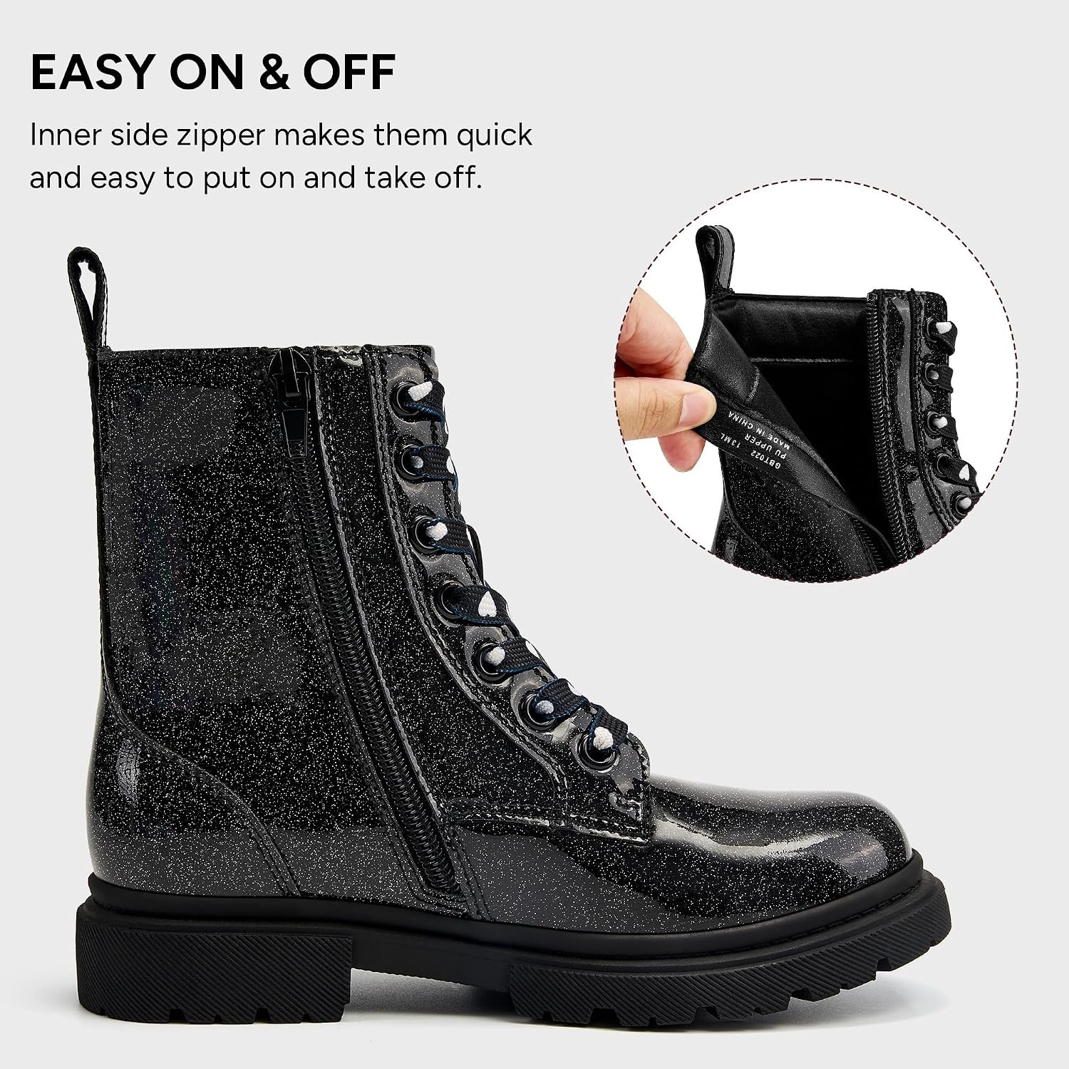Stelle Girls Combat Ankle Boots with Printed Lace-Up and Side Zipper(Patent Black Glitter)