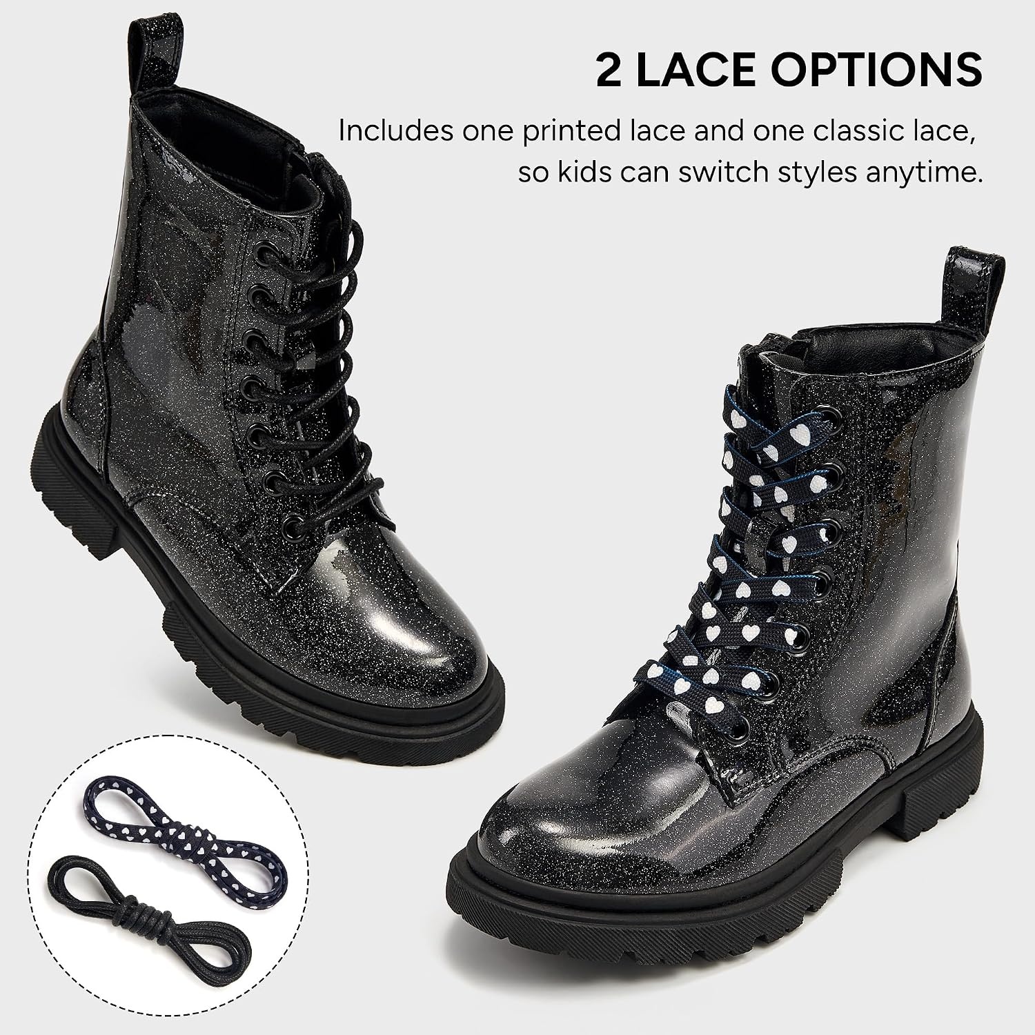 Stelle Girls Combat Ankle Boots with Printed Lace-Up and Side Zipper(Patent Black Glitter)