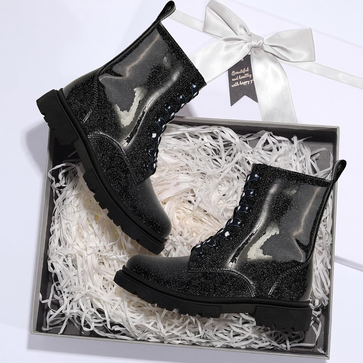 Stelle Girls Combat Ankle Boots with Printed Lace-Up and Side Zipper(Patent Black Glitter)