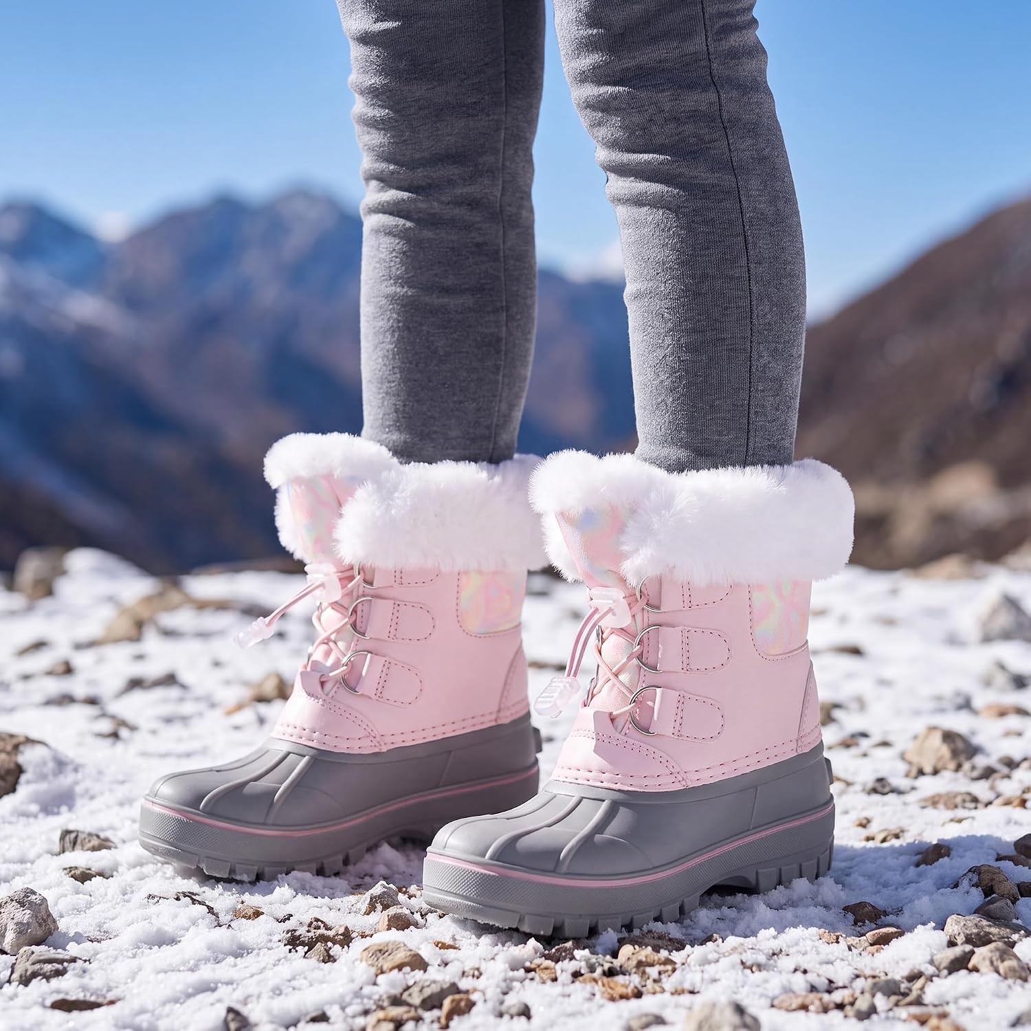 Stelle Girls Snow Boots with Faux Fur Collar Kids Winter Warm Boot(Blush Pink)