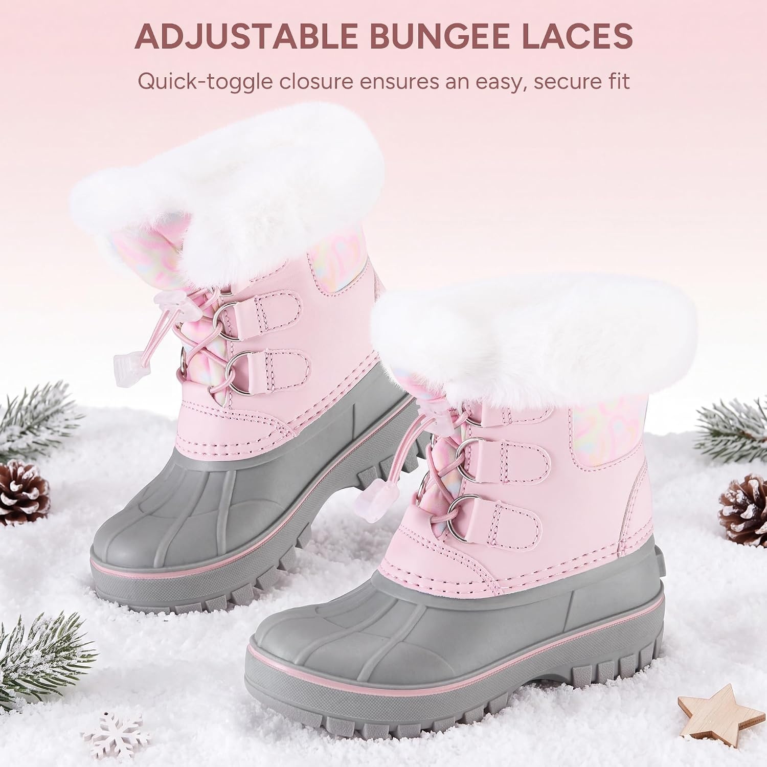 Stelle Girls Snow Boots with Faux Fur Collar Kids Winter Warm Boot(Blush Pink)