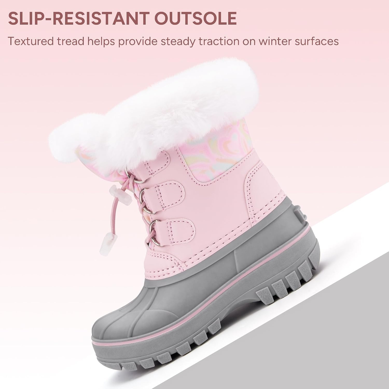 Stelle Girls Snow Boots with Faux Fur Collar Kids Winter Warm Boot(Blush Pink)