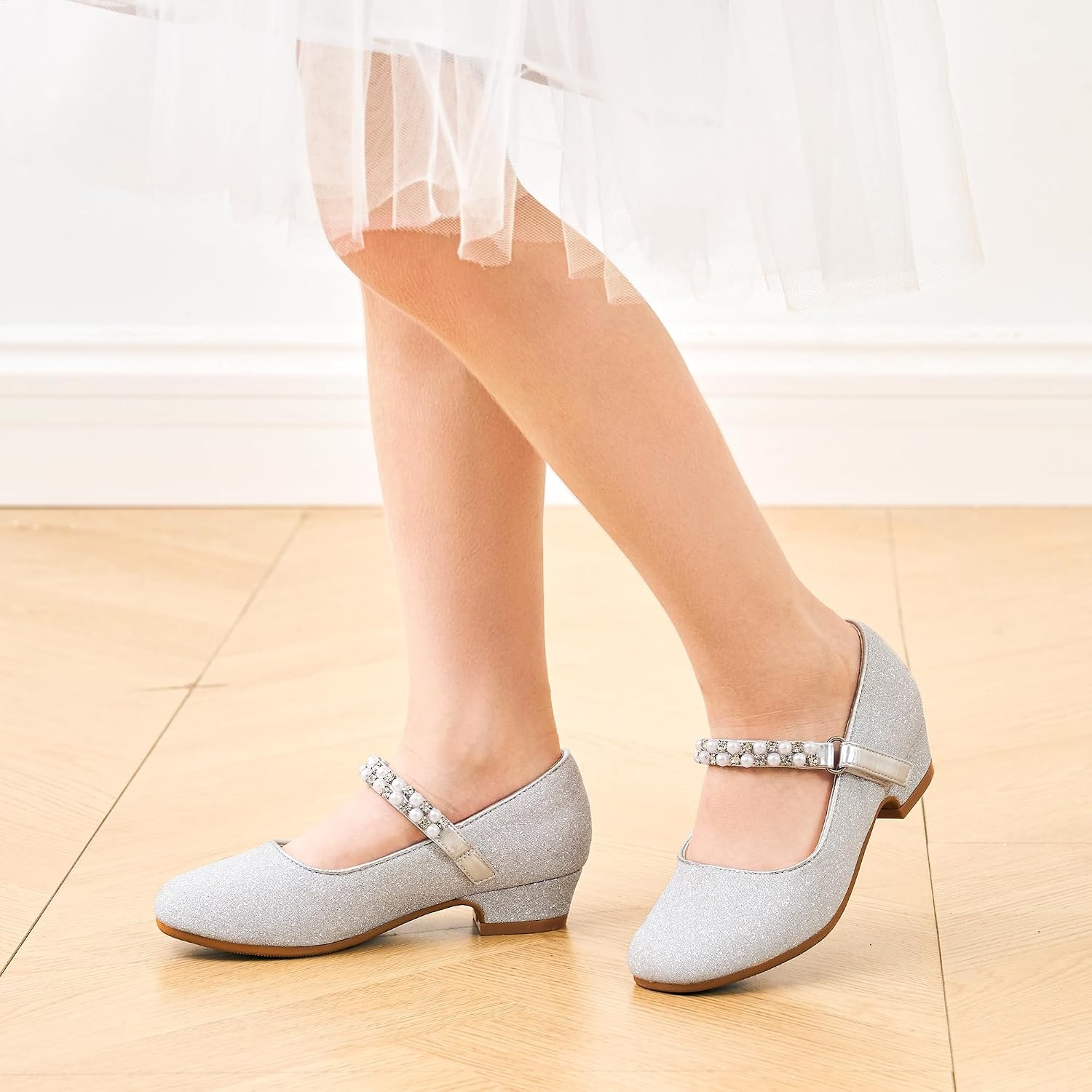 Stelle Girls Dress Shoes with Jeweled Strap for Wedding Flower Girl Party | Sparkling jewel strap, Cushioned comfort, Hook-and-loop closure, School, Dress occasions, Patent finish, Glitter finish(Silver)