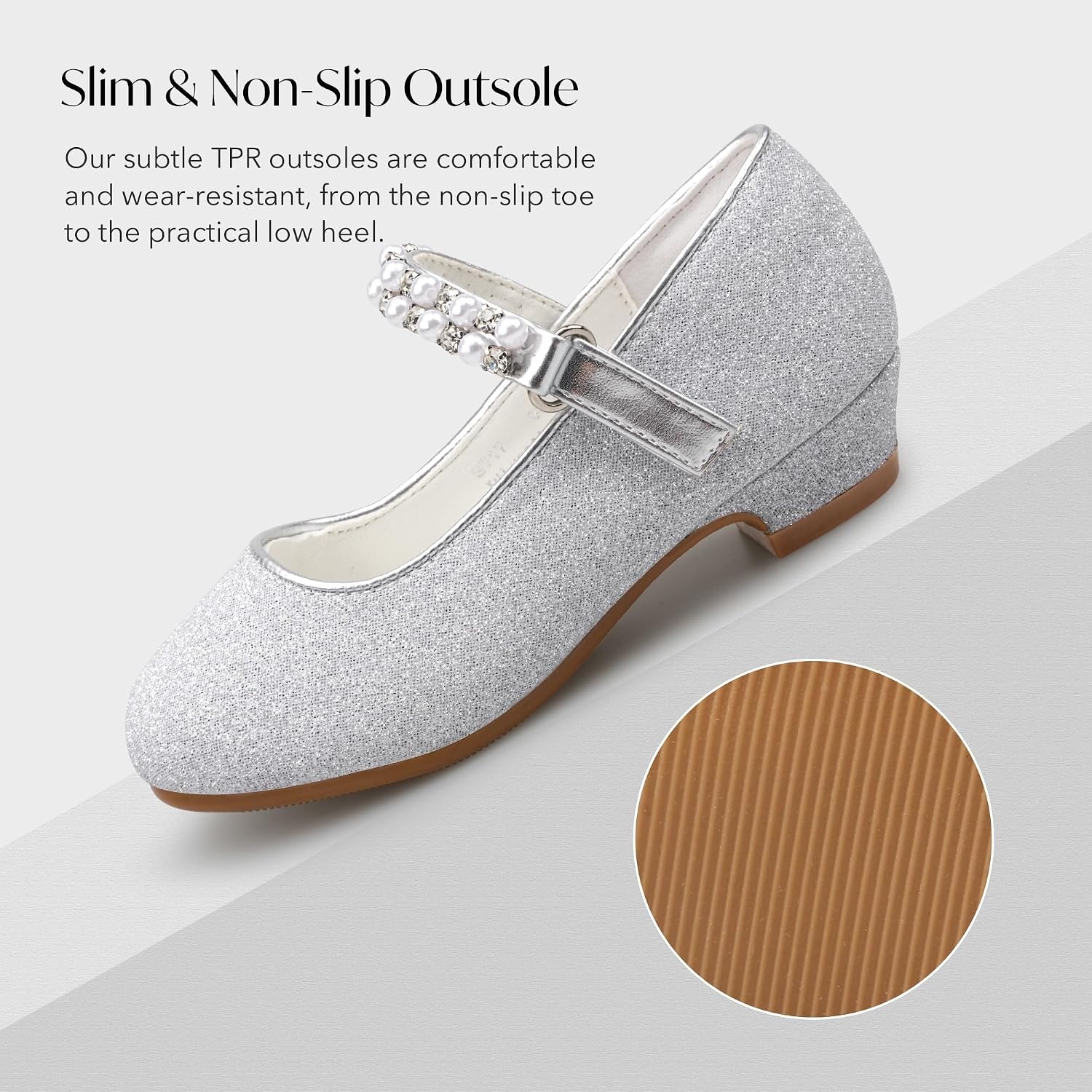 Stelle Girls Dress Shoes with Jeweled Strap for Wedding Flower Girl Party | Sparkling jewel strap, Cushioned comfort, Hook-and-loop closure, School, Dress occasions, Patent finish, Glitter finish(Silver)