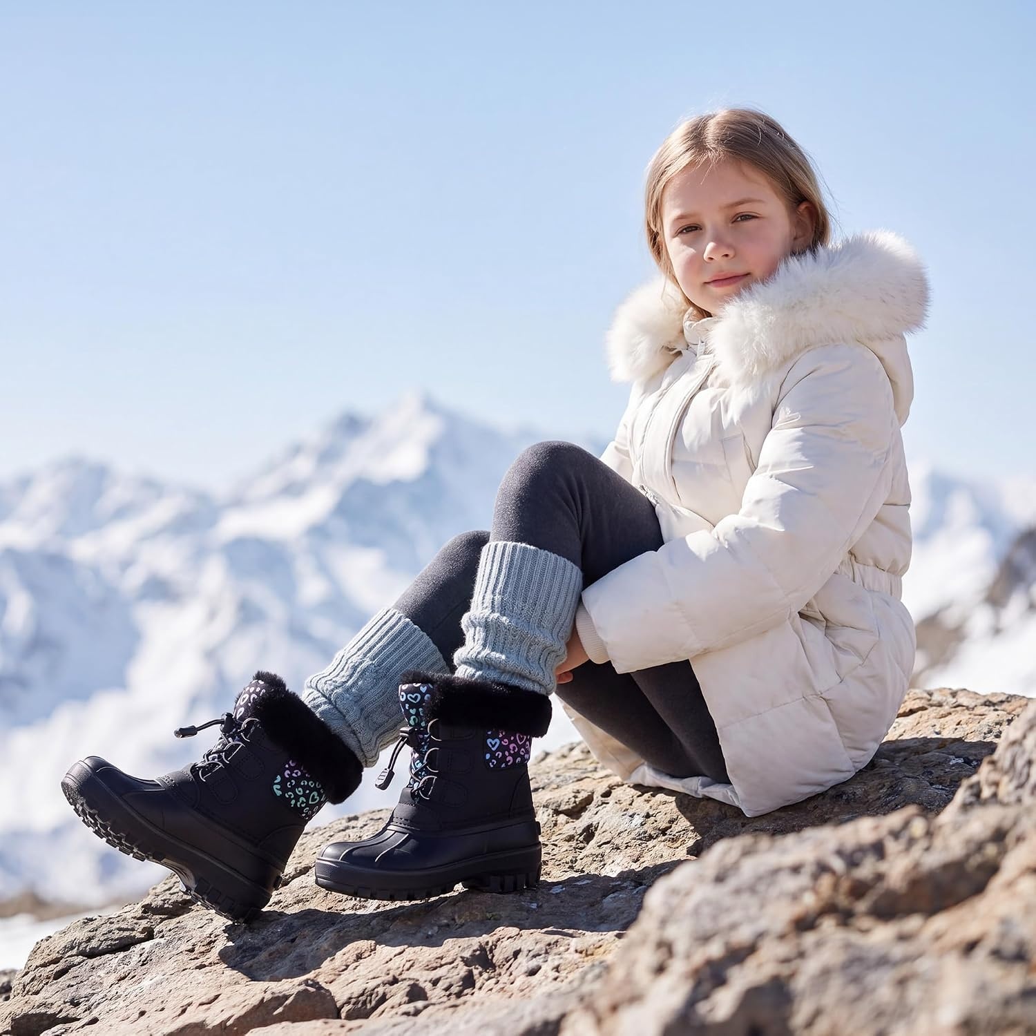 Stelle Girls Snow Boots with Faux Fur Collar Kids Winter Warm Boot(Rainbow Leopard)