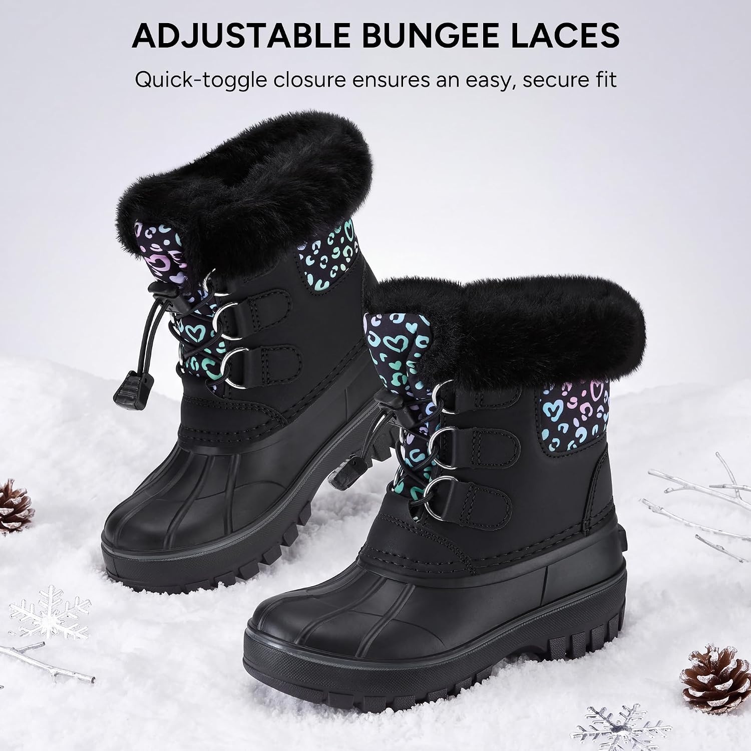 Stelle Girls Snow Boots with Faux Fur Collar Kids Winter Warm Boot(Rainbow Leopard)