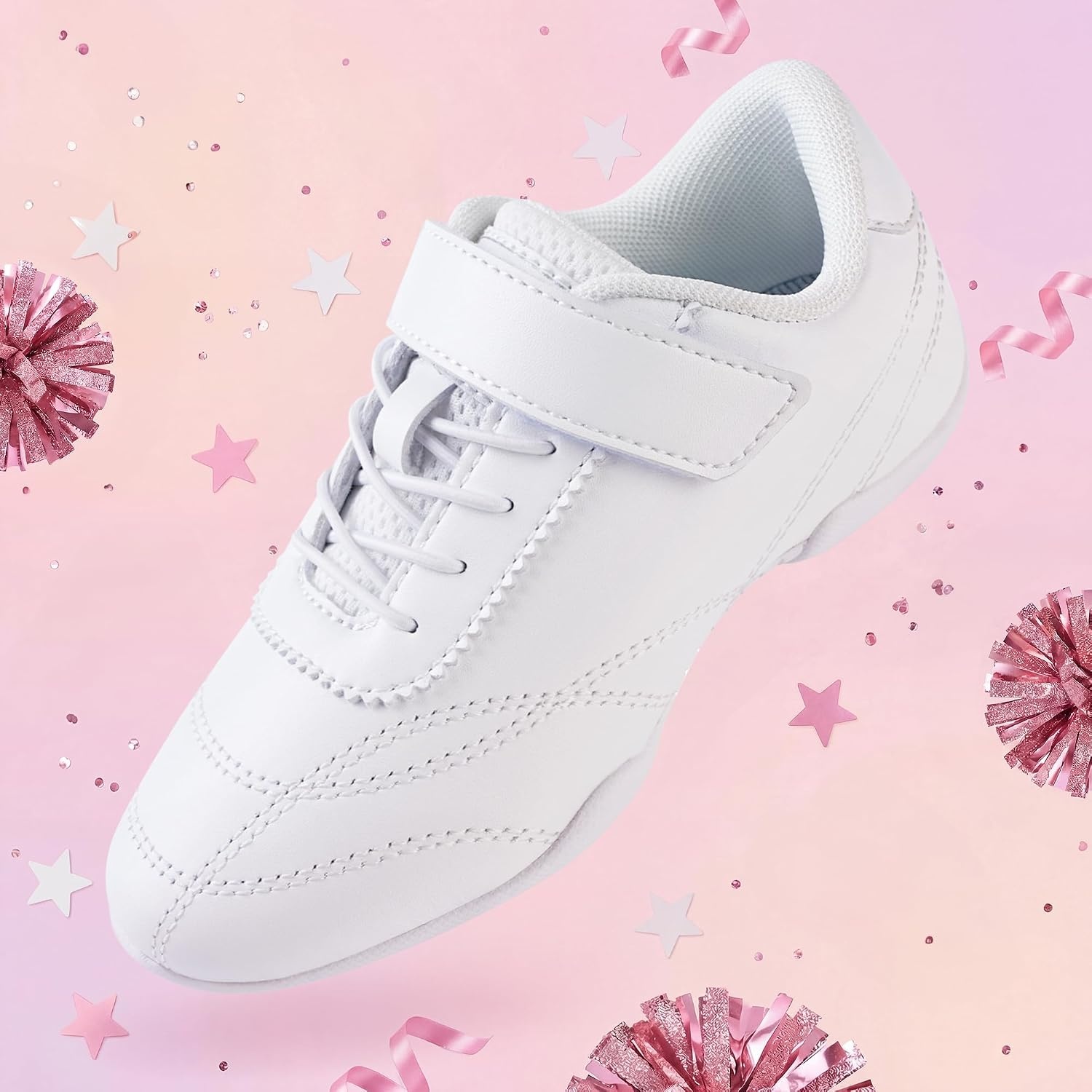 Stelle Cheer Shoes Girls Leather Dance Sneakers | Youth Athletic Tennis Shoes for Cheerleading Training, Competition and Practice with Supportive Non-Marking Sole(White-1)