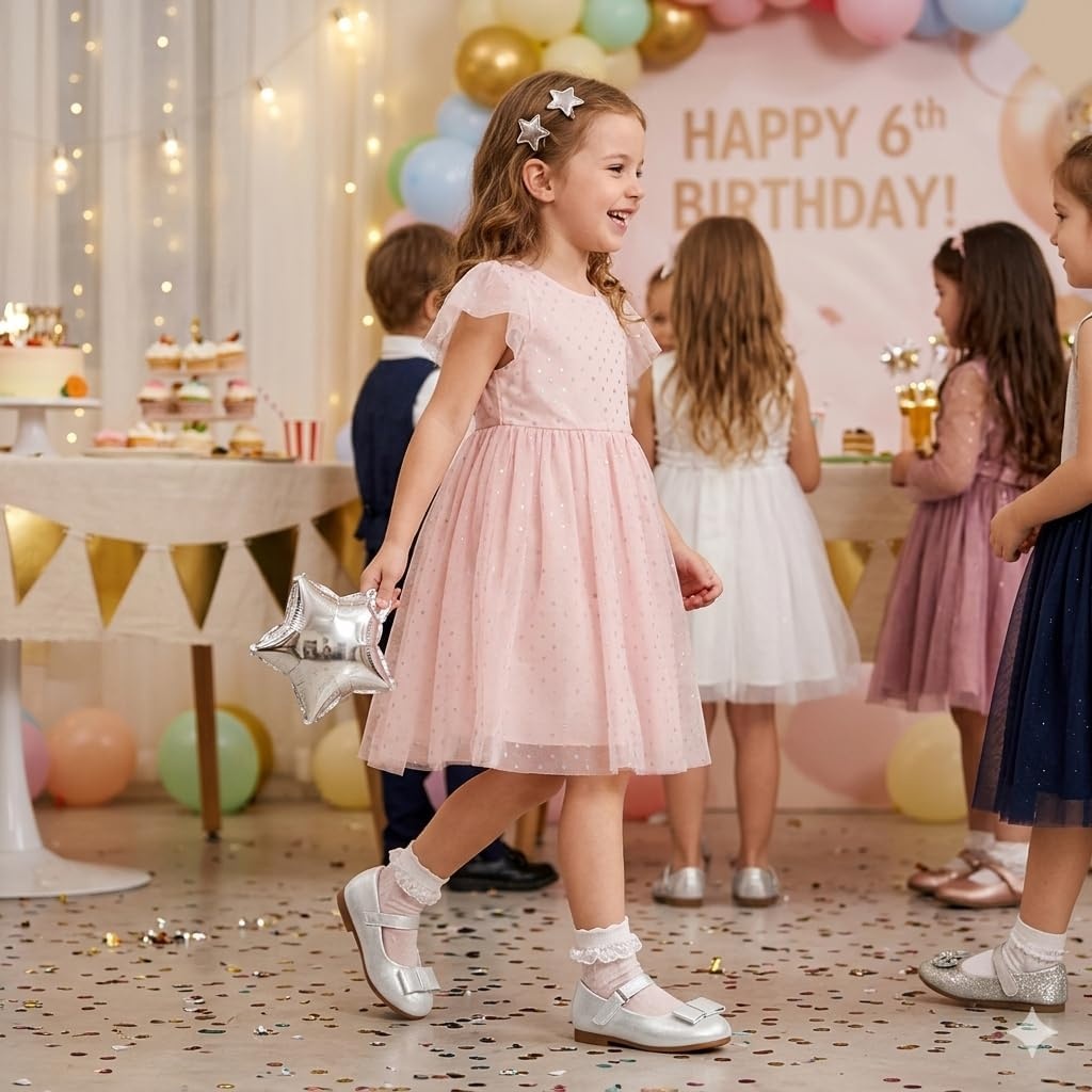 Stelle Dress Shoes for Girls Mary Jane Flats with Bow for School Party(Light Silver)