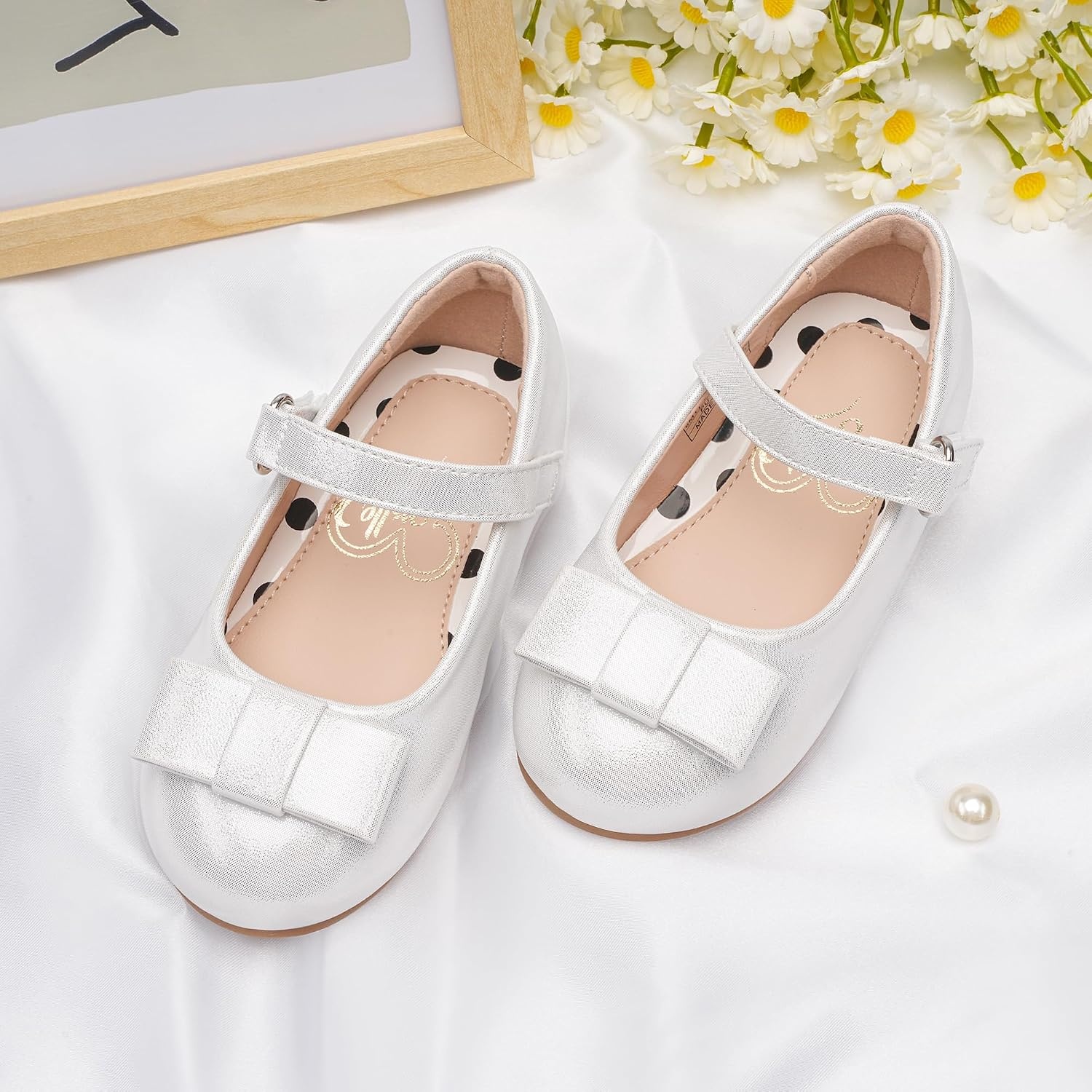 Stelle Dress Shoes for Girls Mary Jane Flats with Bow for School Party(Light Silver)