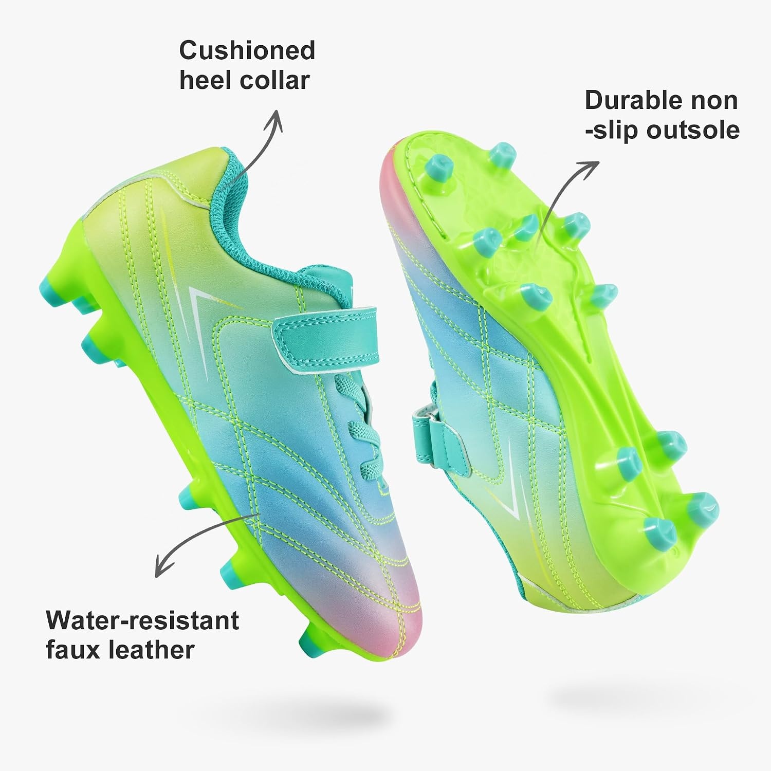 Stelle Kids Girls Soccer Cleats for Training Matches Outdoor Play | Firm Ground Lightweight Upper Secure Lace-Up Fit Breathable Lining Cushioned Collar Baseball&Softball Little to Big Kids(Prism Pop)