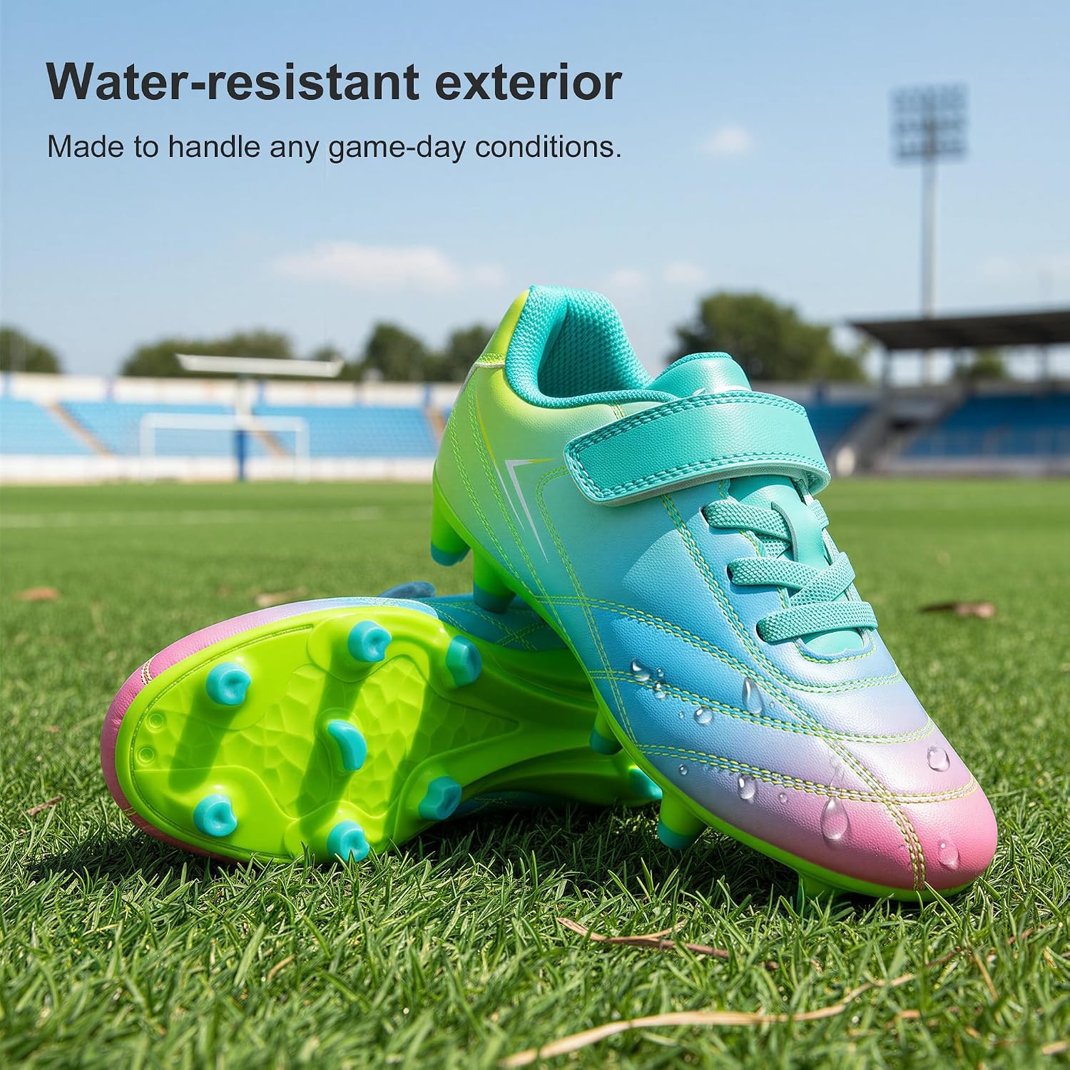 Stelle Kids Girls Soccer Cleats for Training Matches Outdoor Play | Firm Ground Lightweight Upper Secure Lace-Up Fit Breathable Lining Cushioned Collar Baseball&Softball Little to Big Kids(Prism Pop)