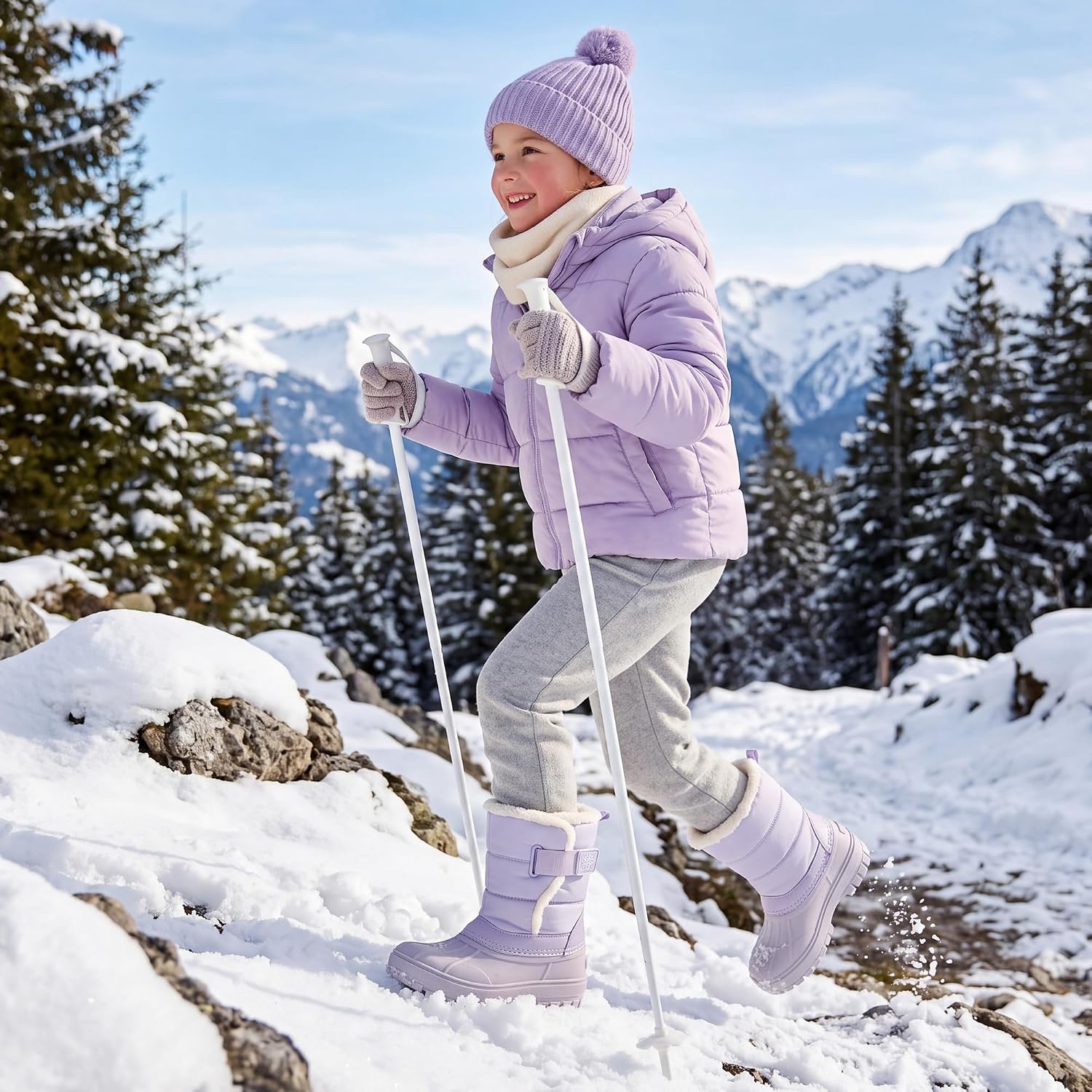 Stelle Kids Snow Boots with hook&loop Girls Boys Winter Warm Boots(Lavender)