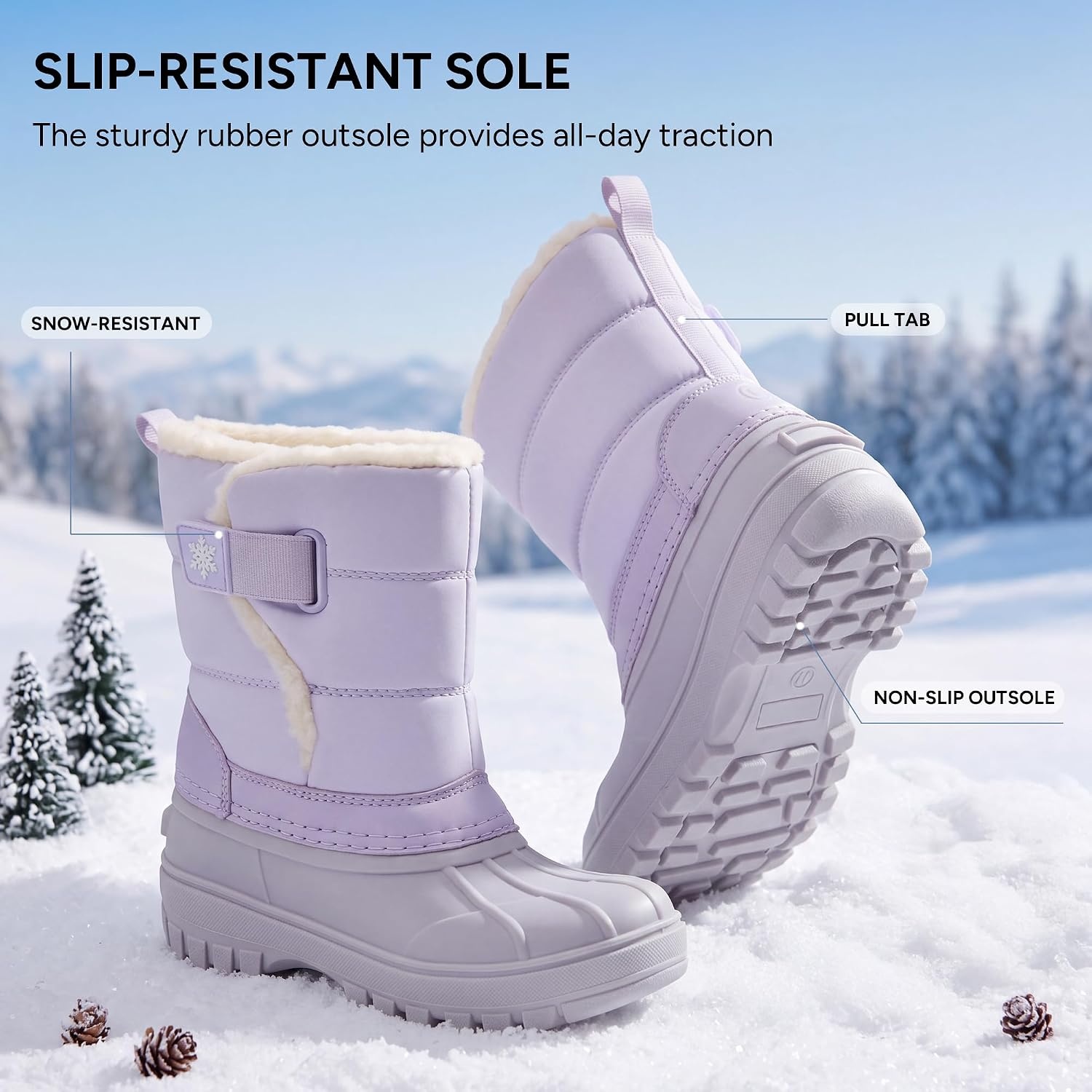 Stelle Kids Snow Boots with hook&loop Girls Boys Winter Warm Boots(Lavender)