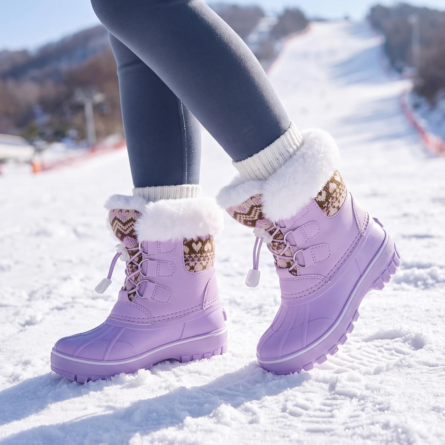 Stelle Girls Snow Boots with Faux Fur Collar Kids Winter Warm Boot(Lavender)
