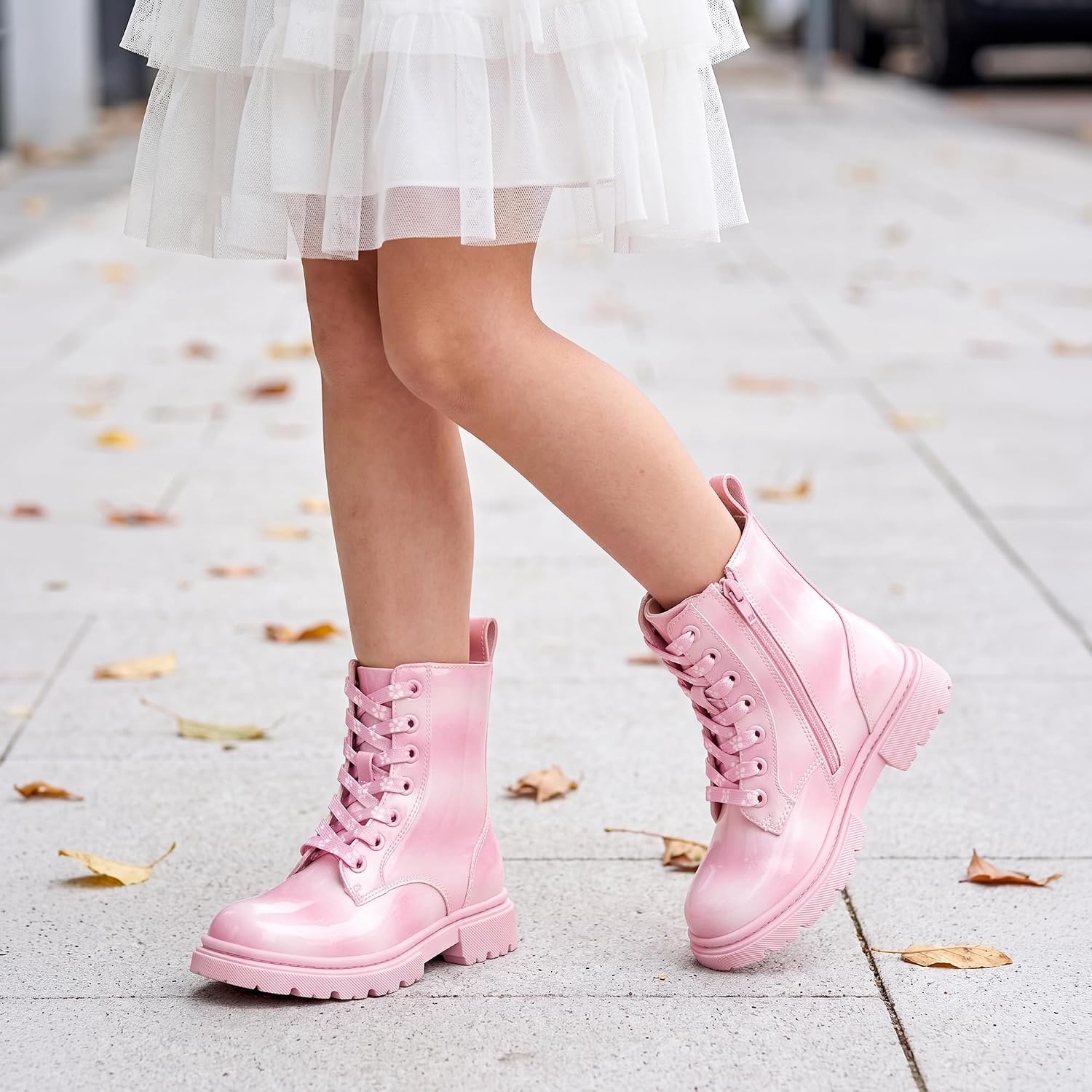 Stelle Girls Combat Ankle Boots with Printed Lace-Up and Side Zipper(Pink Ombre Glitter)