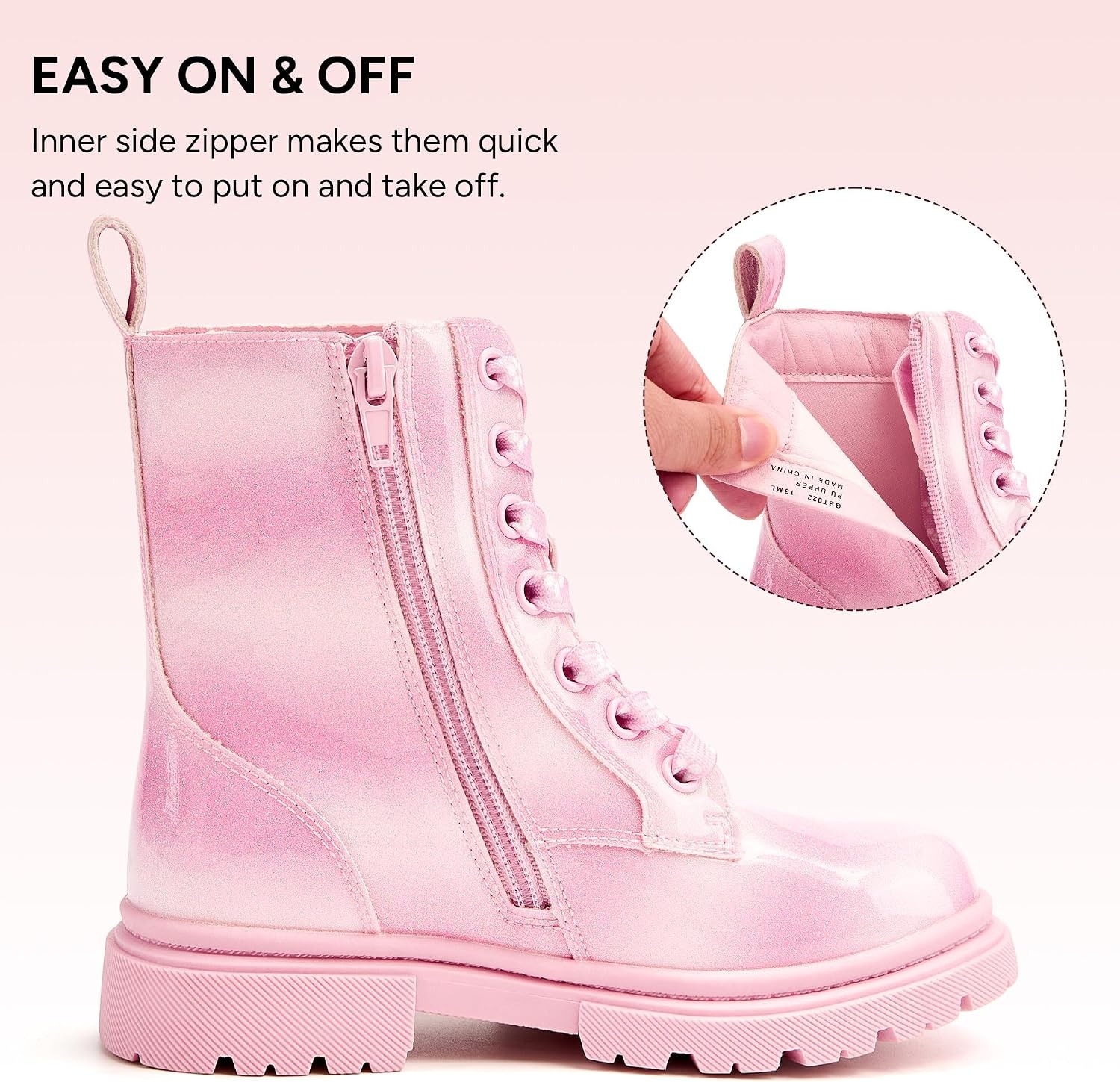 Stelle Girls Combat Ankle Boots with Printed Lace-Up and Side Zipper(Pink Ombre Glitter)