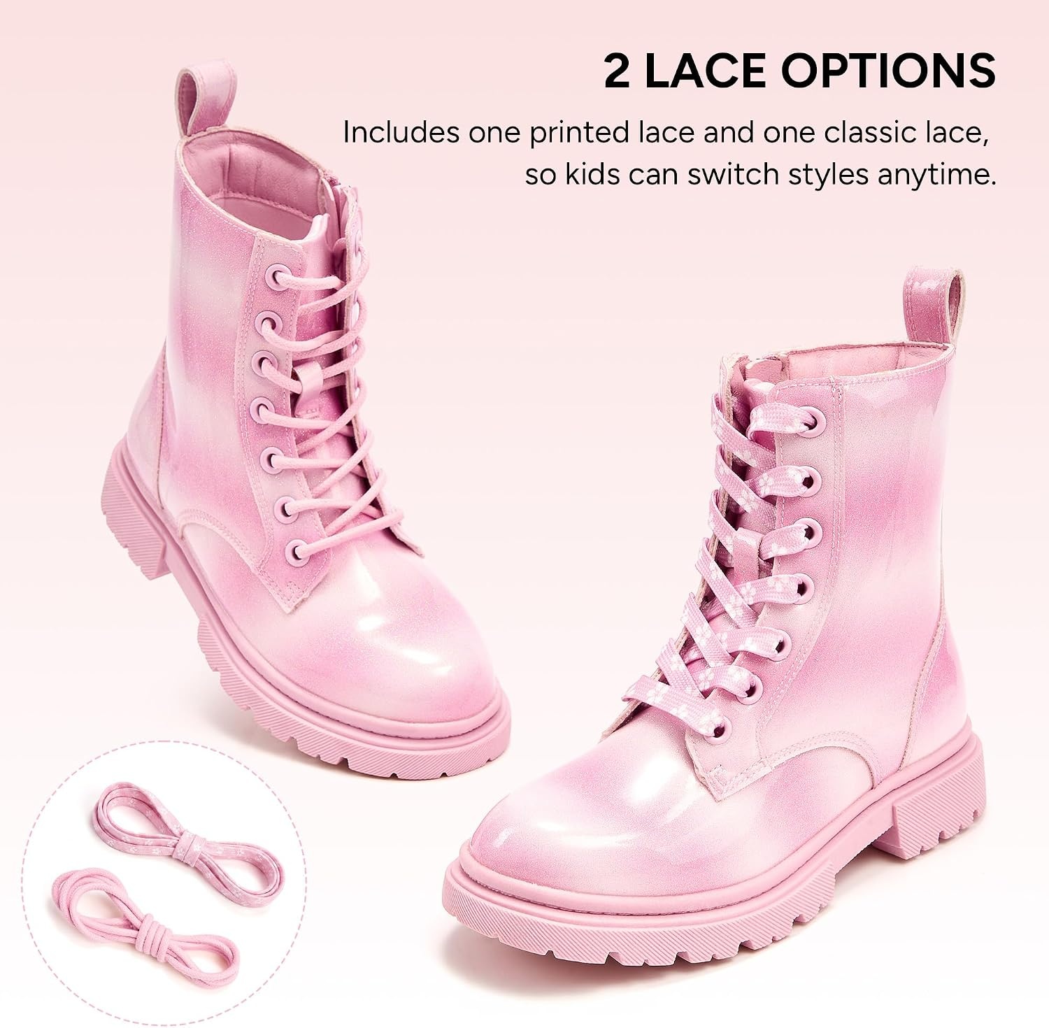 Stelle Girls Combat Ankle Boots with Printed Lace-Up and Side Zipper(Pink Ombre Glitter)