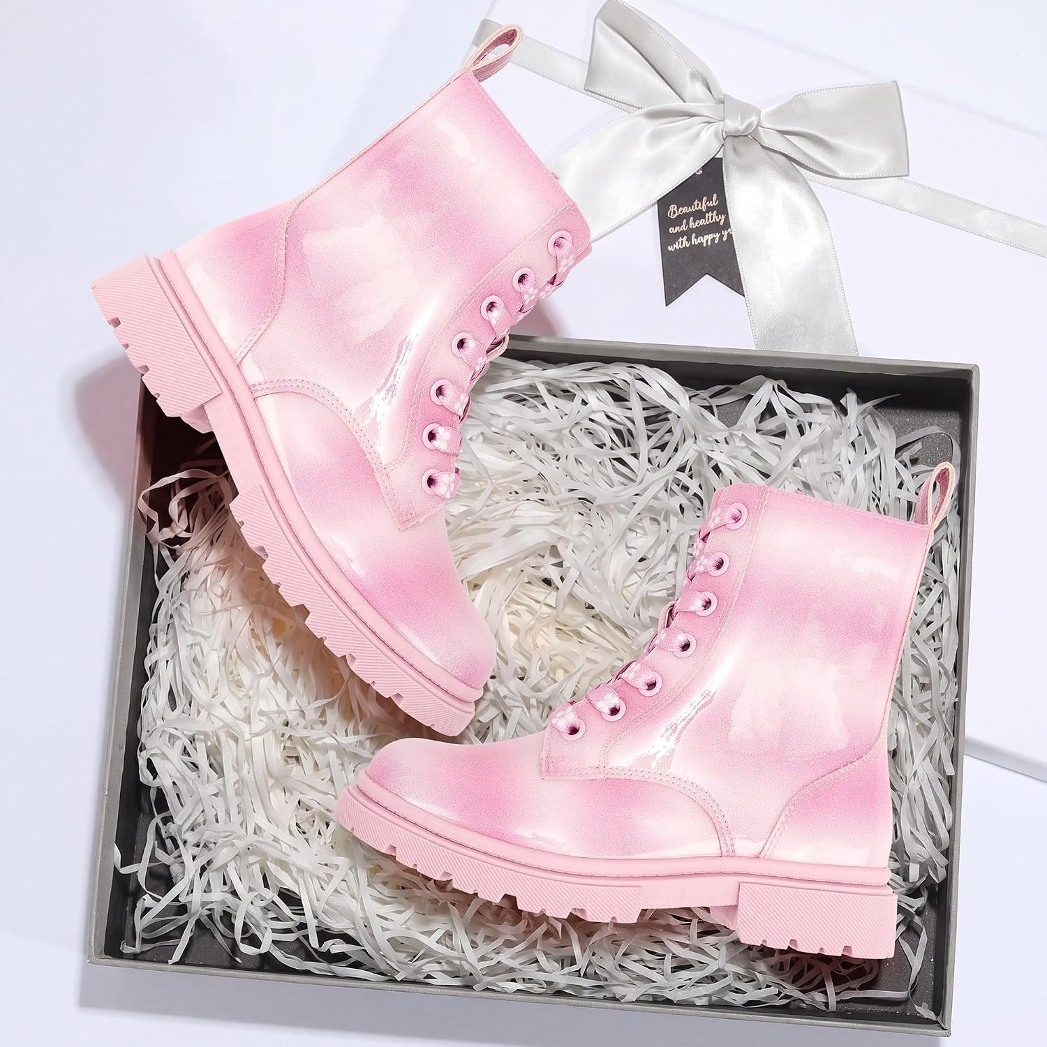 Stelle Girls Combat Ankle Boots with Printed Lace-Up and Side Zipper(Pink Ombre Glitter)