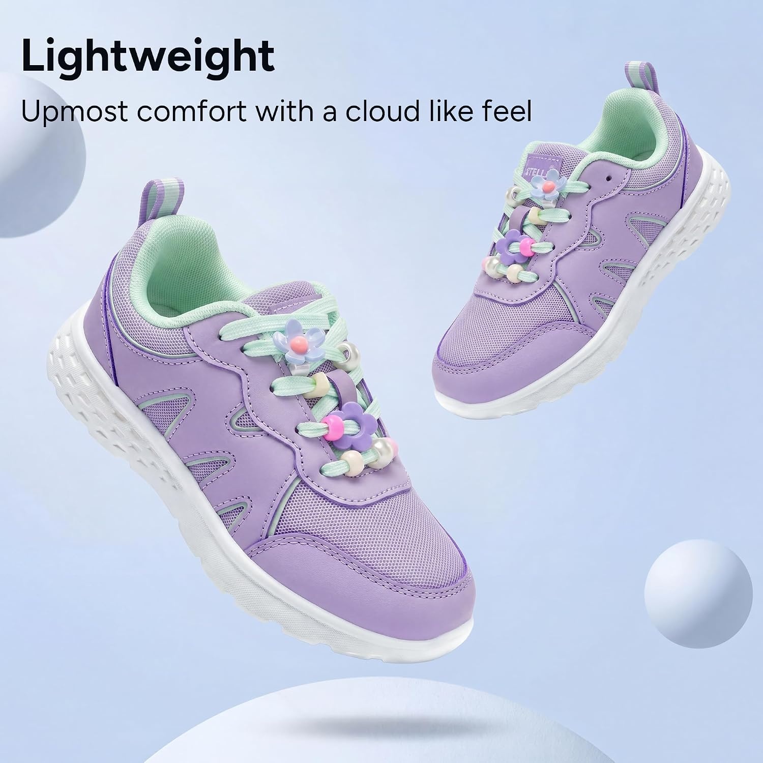 Stelle Girls Tennis Shoes with DIY Charms Kids Sneakers Lightweight Non-Slip Athletic Running Volleyball School Shoes for Gym and Casual(Lavender+charms)