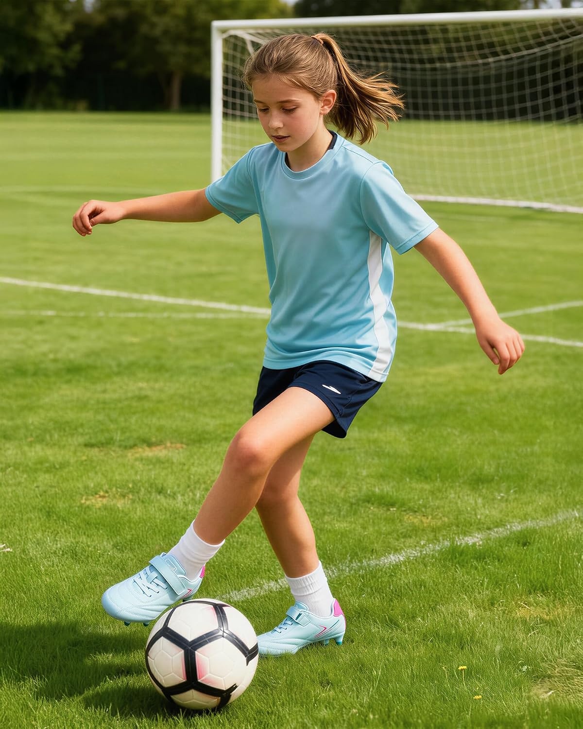 Stelle Kids Girls Soccer Cleats for Training Matches Outdoor Play | Firm Ground Lightweight Upper Secure Lace-Up Fit Breathable Lining Cushioned Collar Baseball&Softball Little to Big Kids(Aqua)