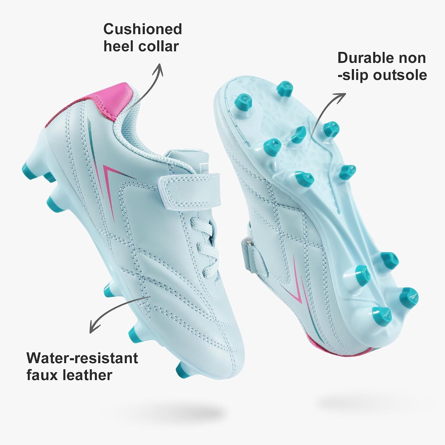 Stelle Kids Girls Soccer Cleats for Training Matches Outdoor Play | Firm Ground Lightweight Upper Secure Lace-Up Fit Breathable Lining Cushioned Collar Baseball&Softball Little to Big Kids(Aqua)