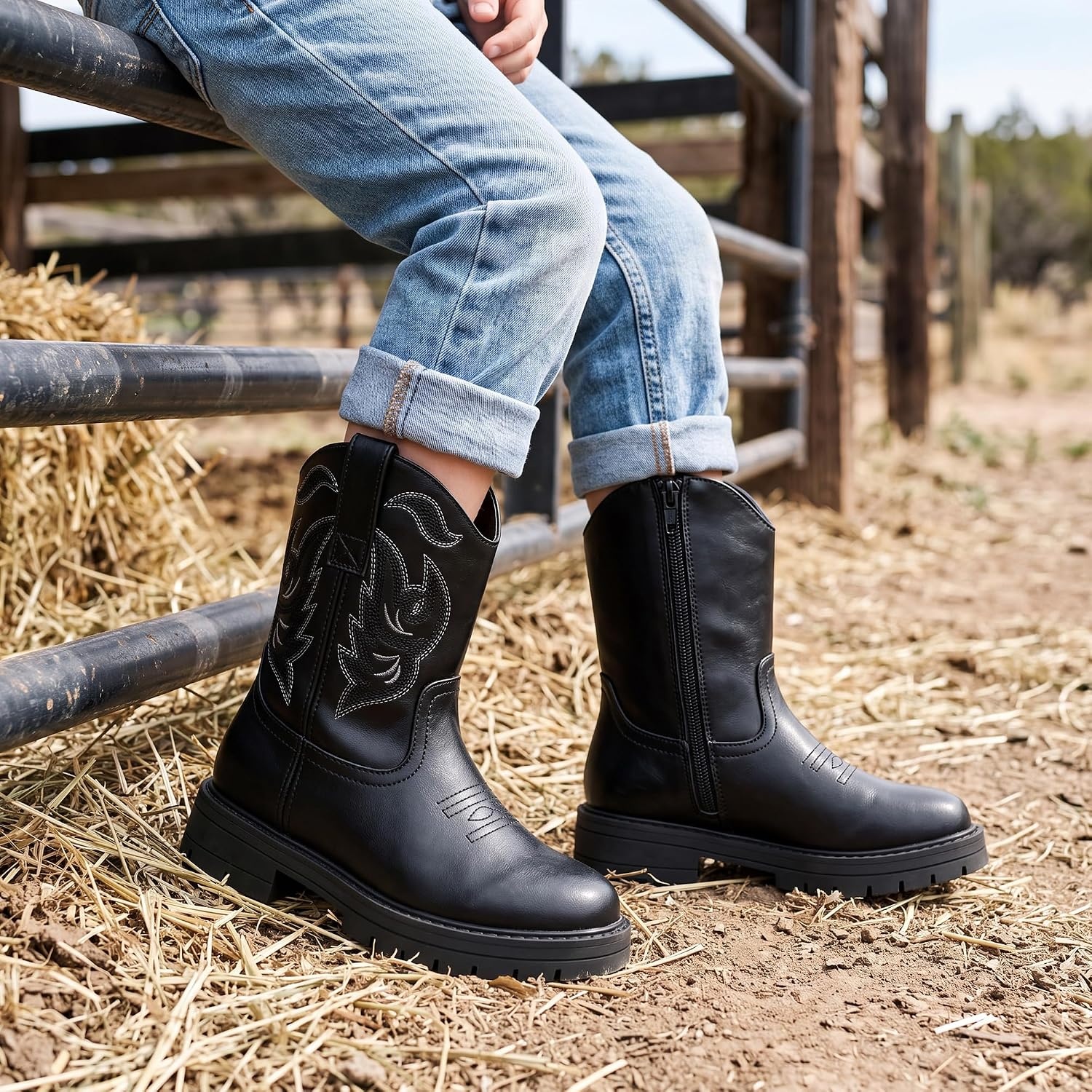 Stelle Kids Cowboy Boots Toddler Girls Boys Western Boots(Black)