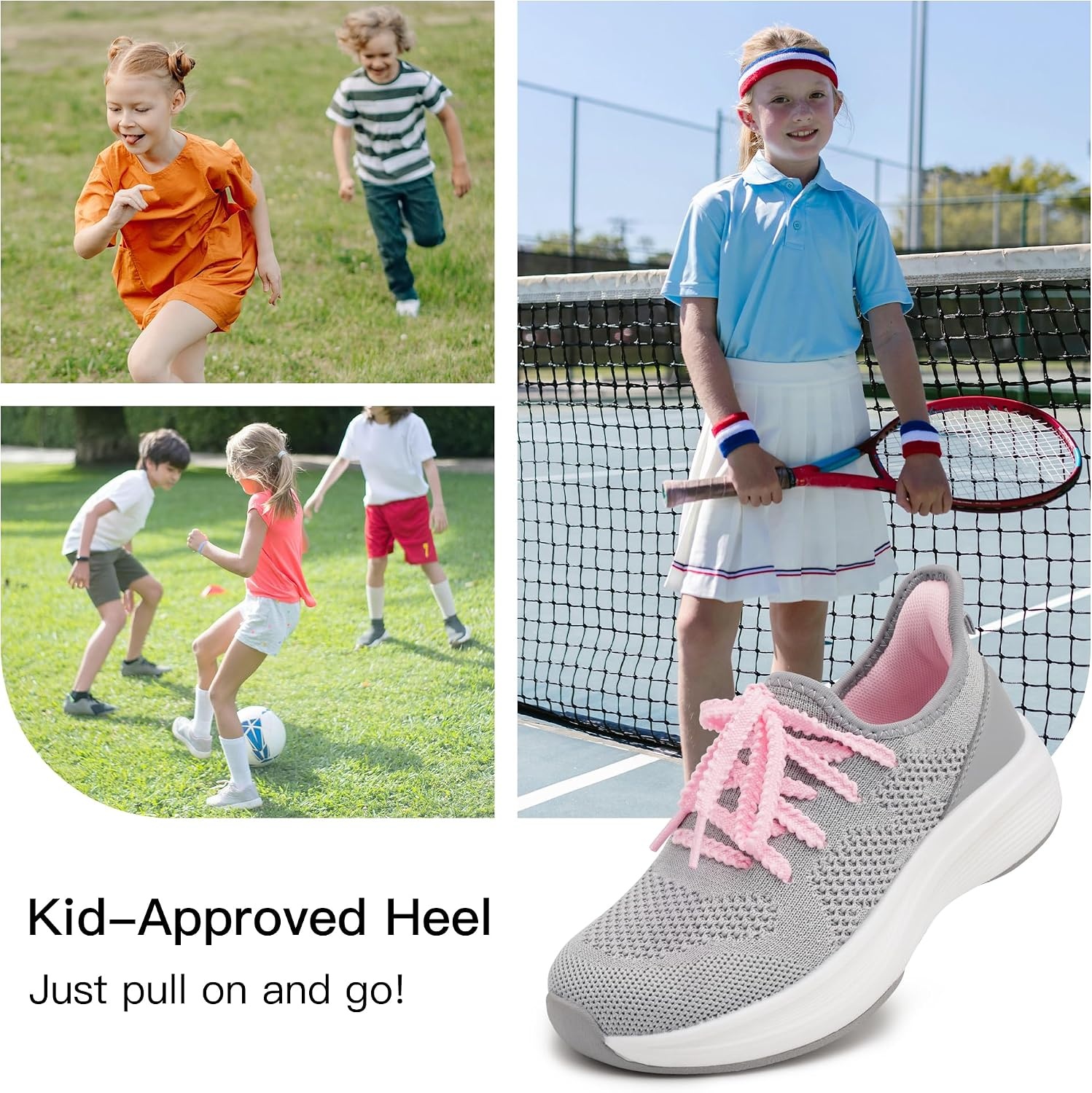 Stelle Girls Tennis Shoes with Slip-On Kids Running Shoes | Athletic Sneakers Non Slip Lightweight Breathable Walking Sport Shoes for Little/Big Kid(Light Grey)