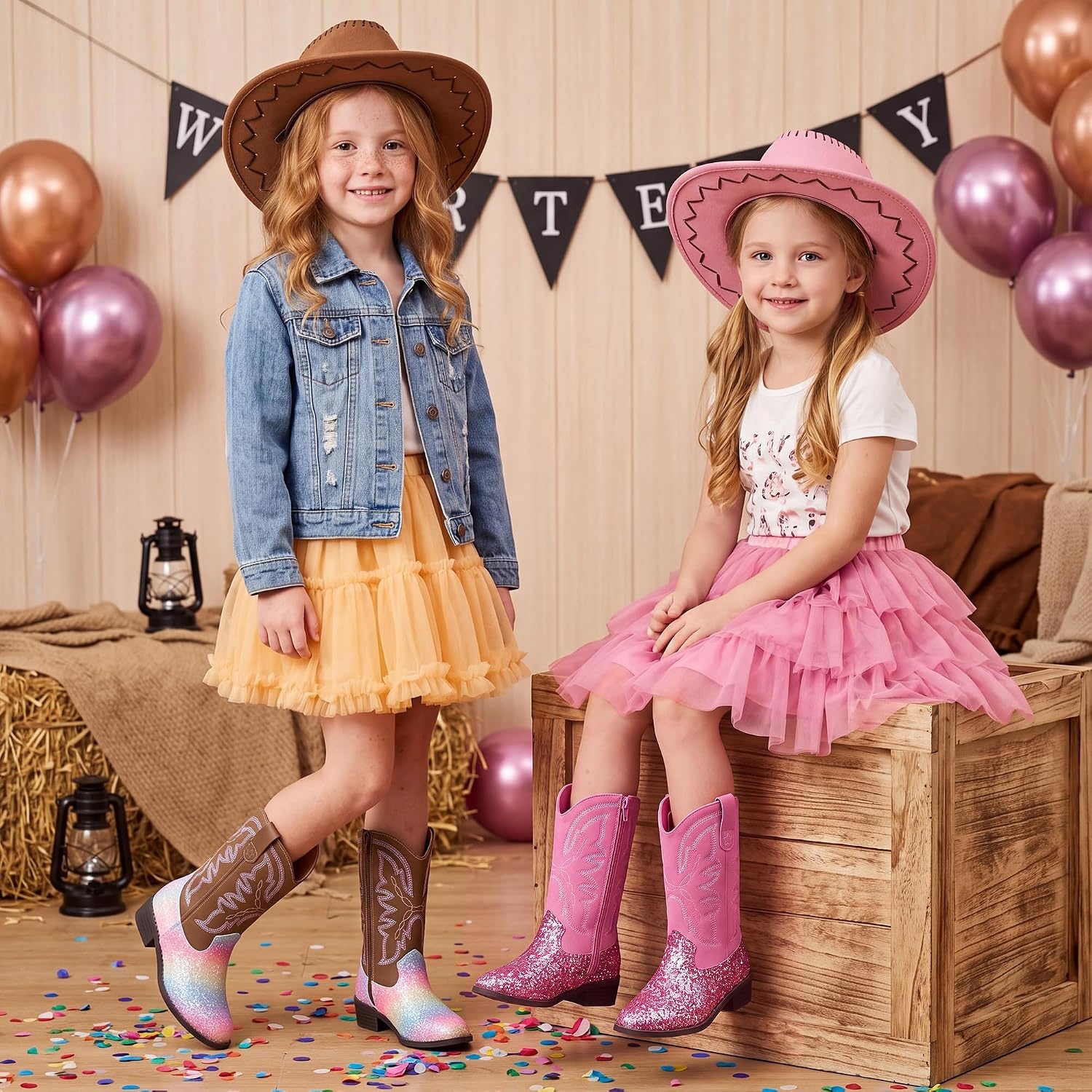 Stelle Cowgirl Boots for Girls Kids Boys Cowboy Boots(Pink Glitter)