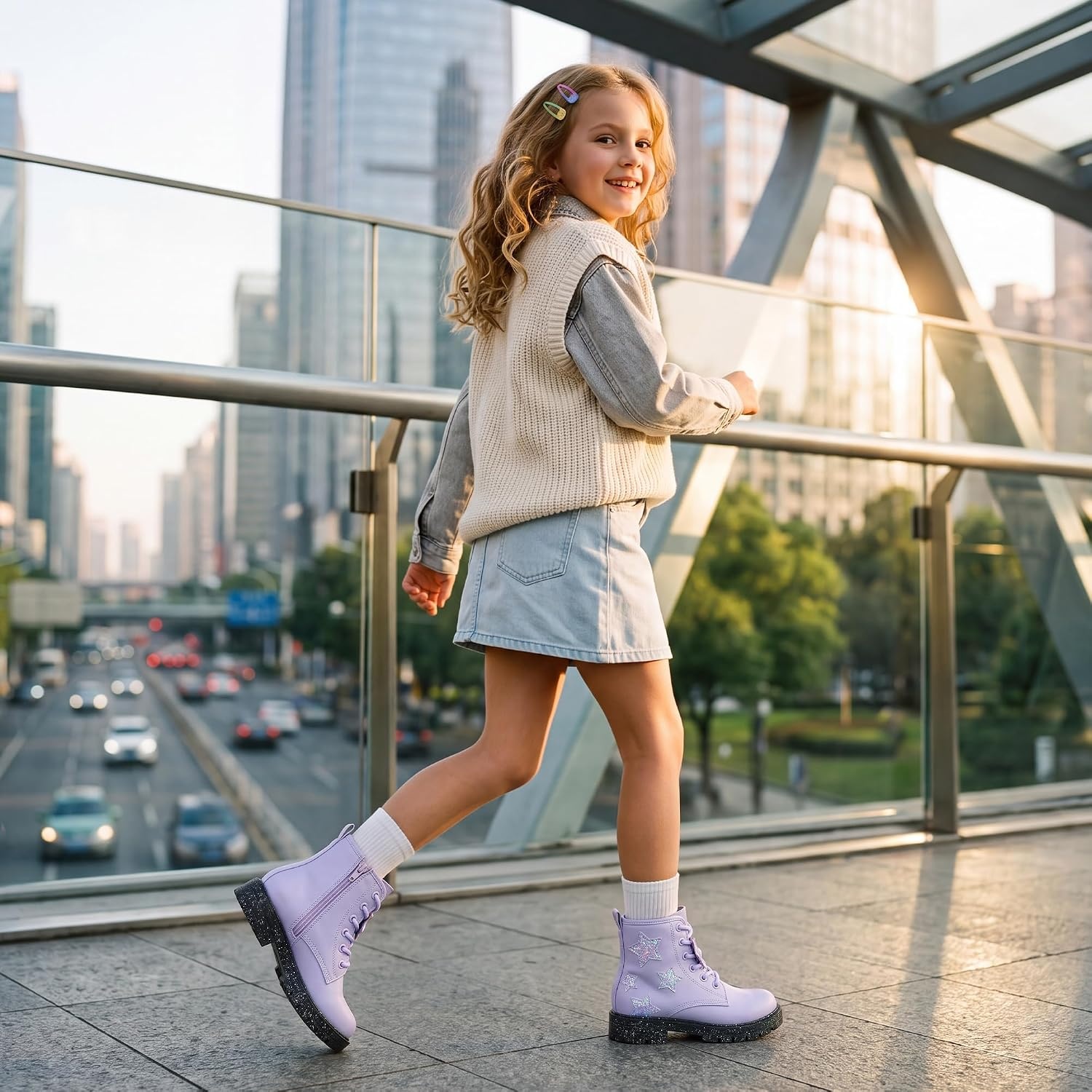 Stelle Combat Boots for Girls Star Print Boots with Lace Up Side Zipper(Lavender)