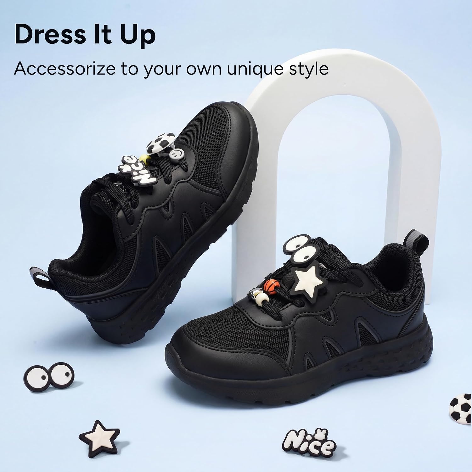 Stelle Girls Tennis Shoes with DIY Charms Kids Sneakers Lightweight Non-Slip Athletic Running Volleyball School Shoes for Gym and Casual(Ninja Black+charms)