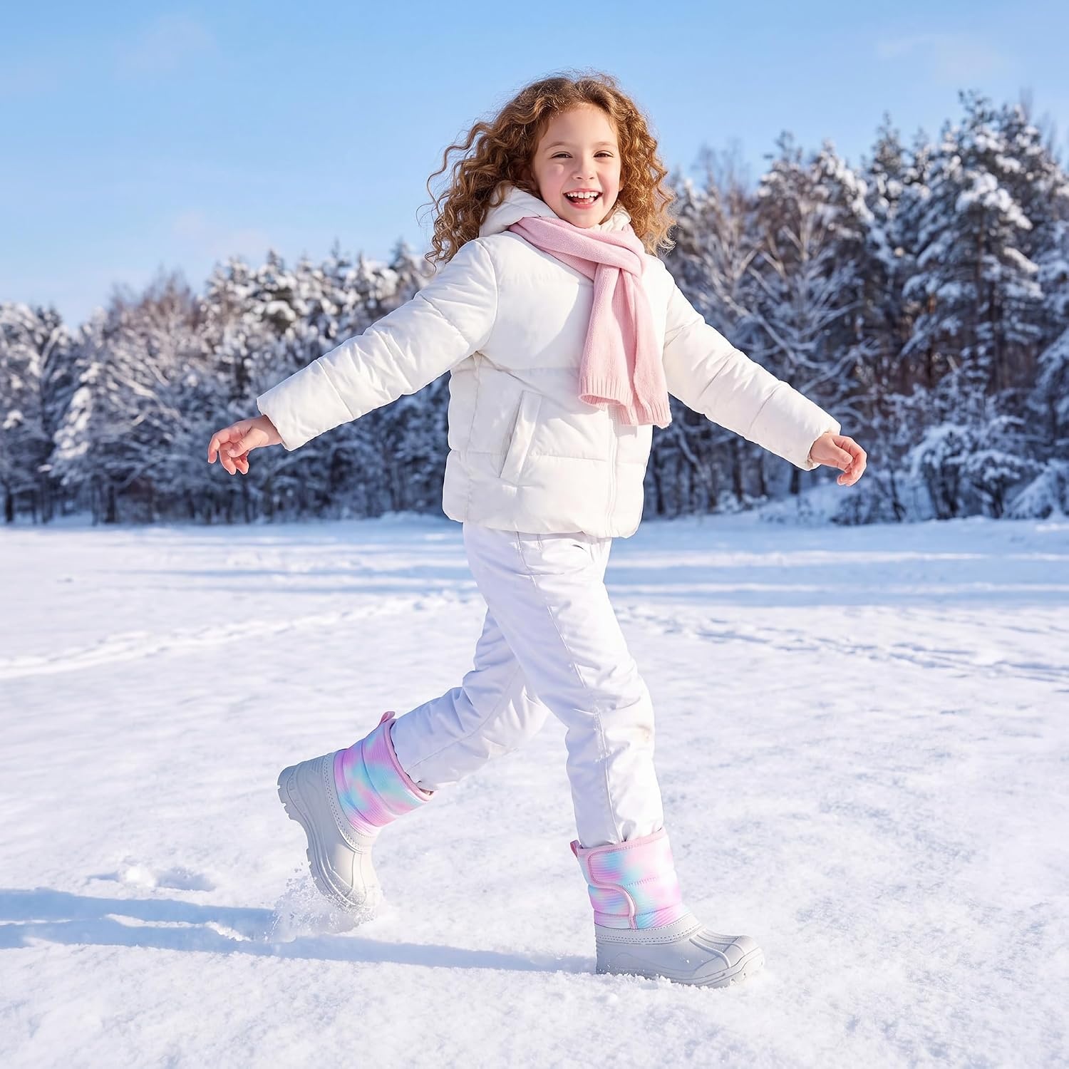 Stelle Girls Snow Boots Waterproof Easy-On Non-Slip Winter Boots(Rainbow)