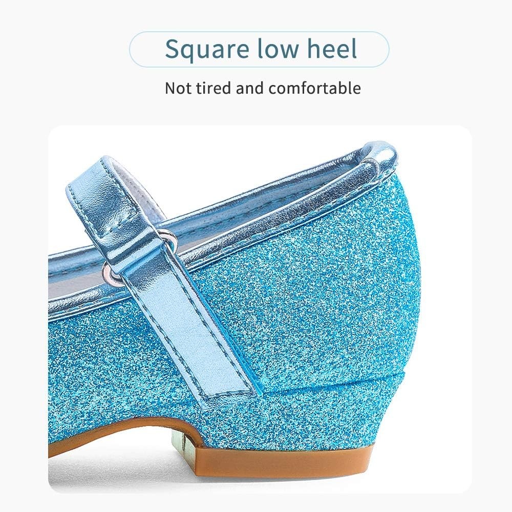Stelle Girls Dress Shoes Glitter Princess Low Heels for Party Wedding Prom(T08-elsa Blue Glitter)
