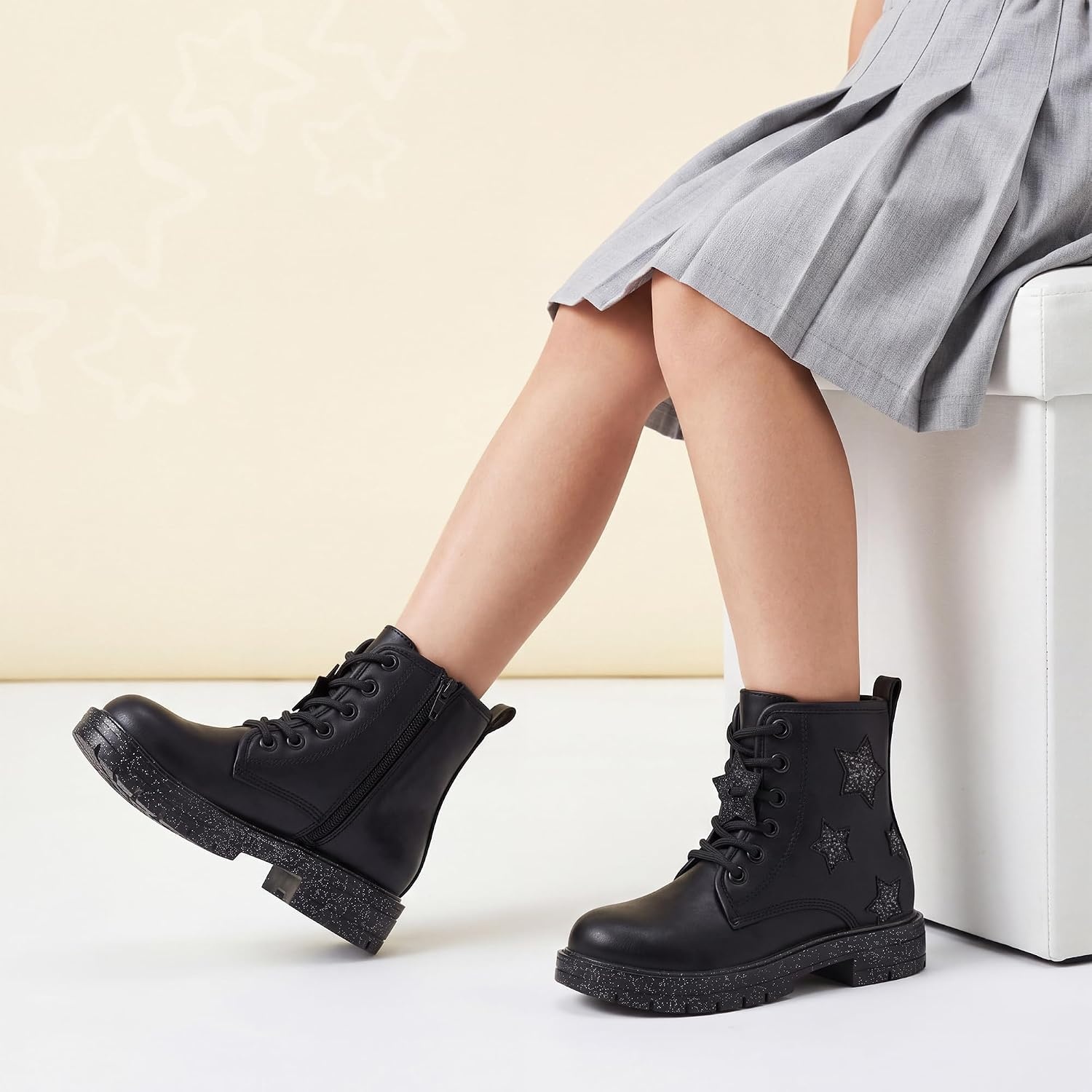 Stelle Combat Boots for Girls Star Print Boots with Lace Up Side Zipper(Black)